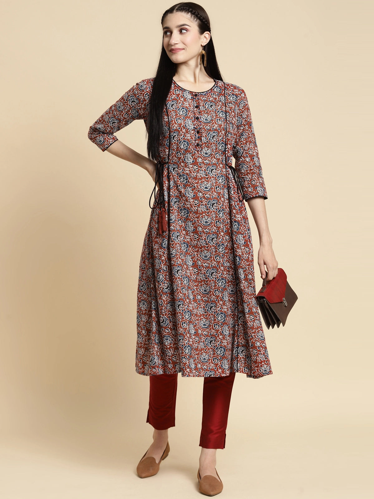 Buy 100% Cotton Floral Printed Calf Length Kalidar Kurta With Side Tie Ups-Rust