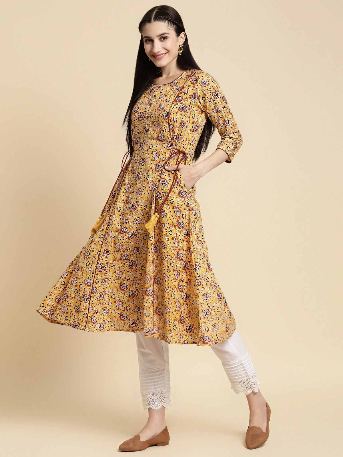 Buy 100% Cotton Floral Printed Calf Length Kalidar Kurta With Side Tie Ups-Rust