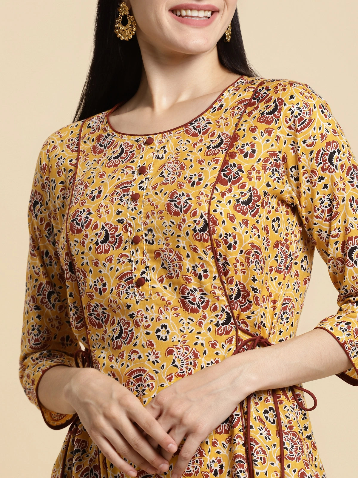 Buy 100% Cotton Floral Printed Calf Length Kalidar Kurta With Side Tie Ups-Rust