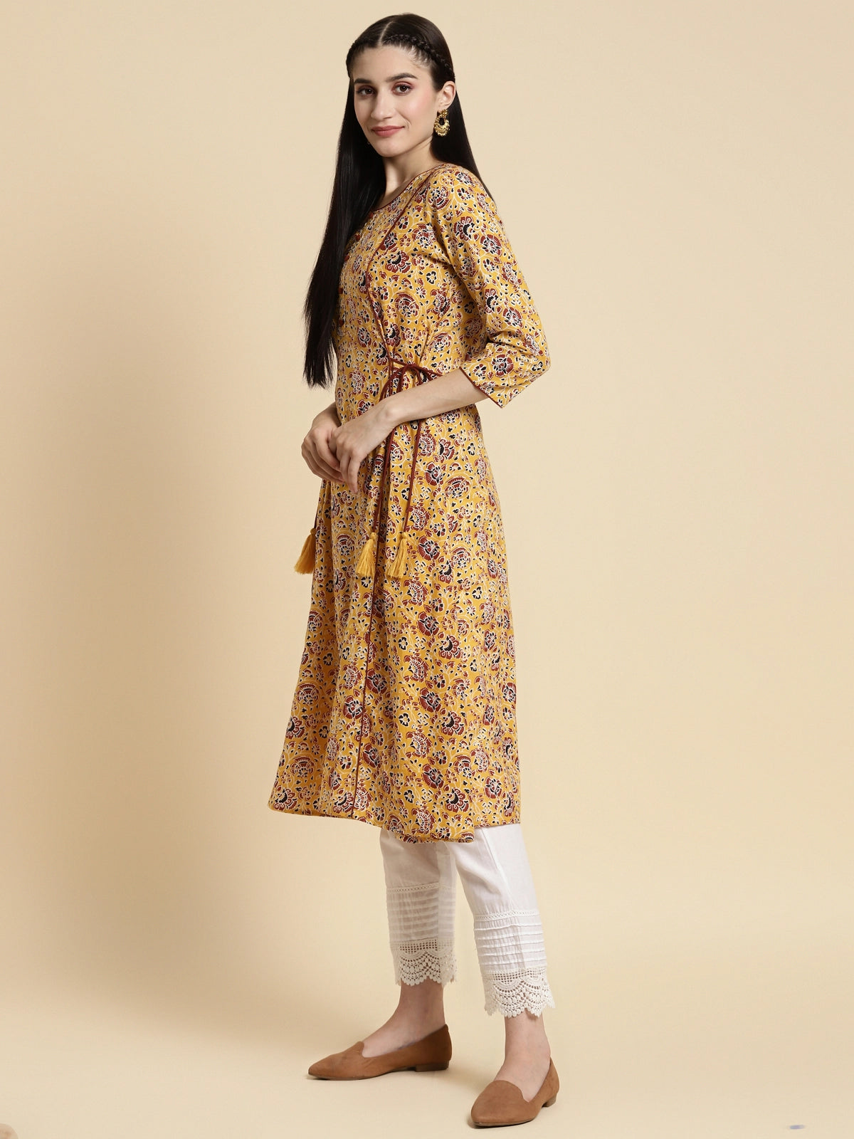 Buy 100% Cotton Floral Printed Calf Length Kalidar Kurta With Side Tie Ups-Rust