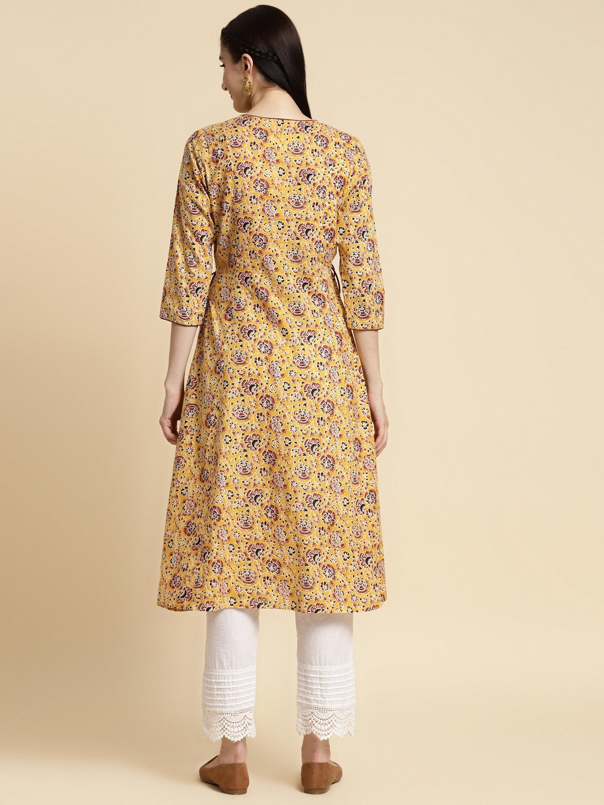 Buy 100% Cotton Floral Printed Calf Length Kalidar Kurta With Side Tie Ups-Rust