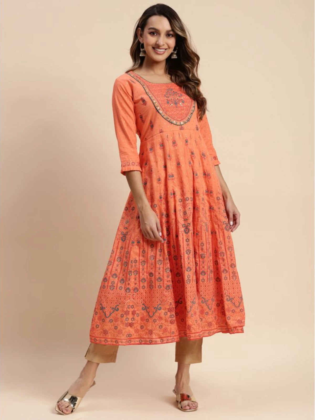 Buy 100% Cotton Yoke Embroidered Calf Length Flared Kurta-Orange