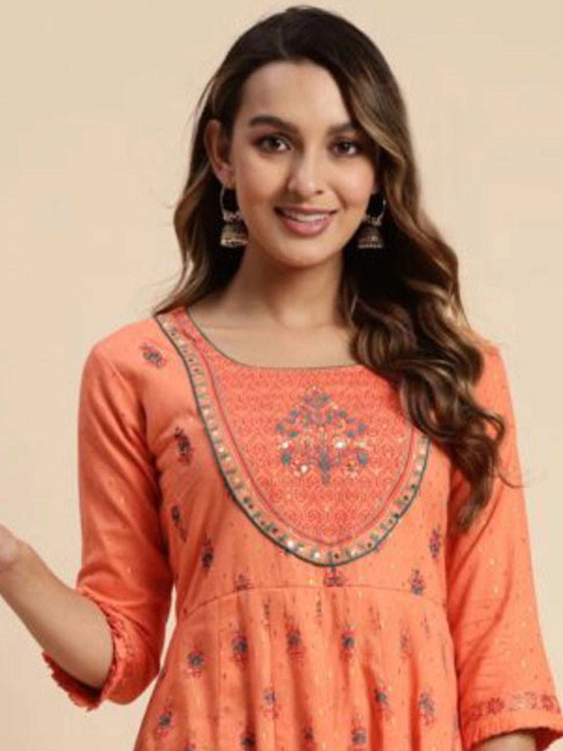 Buy 100% Cotton Yoke Embroidered Calf Length Flared Kurta-Orange