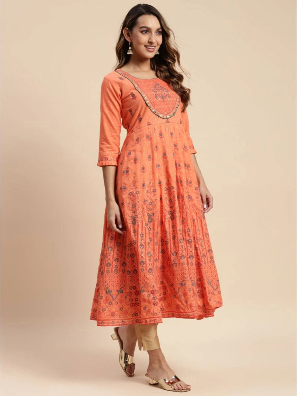 Buy 100% Cotton Yoke Embroidered Calf Length Flared Kurta-Orange