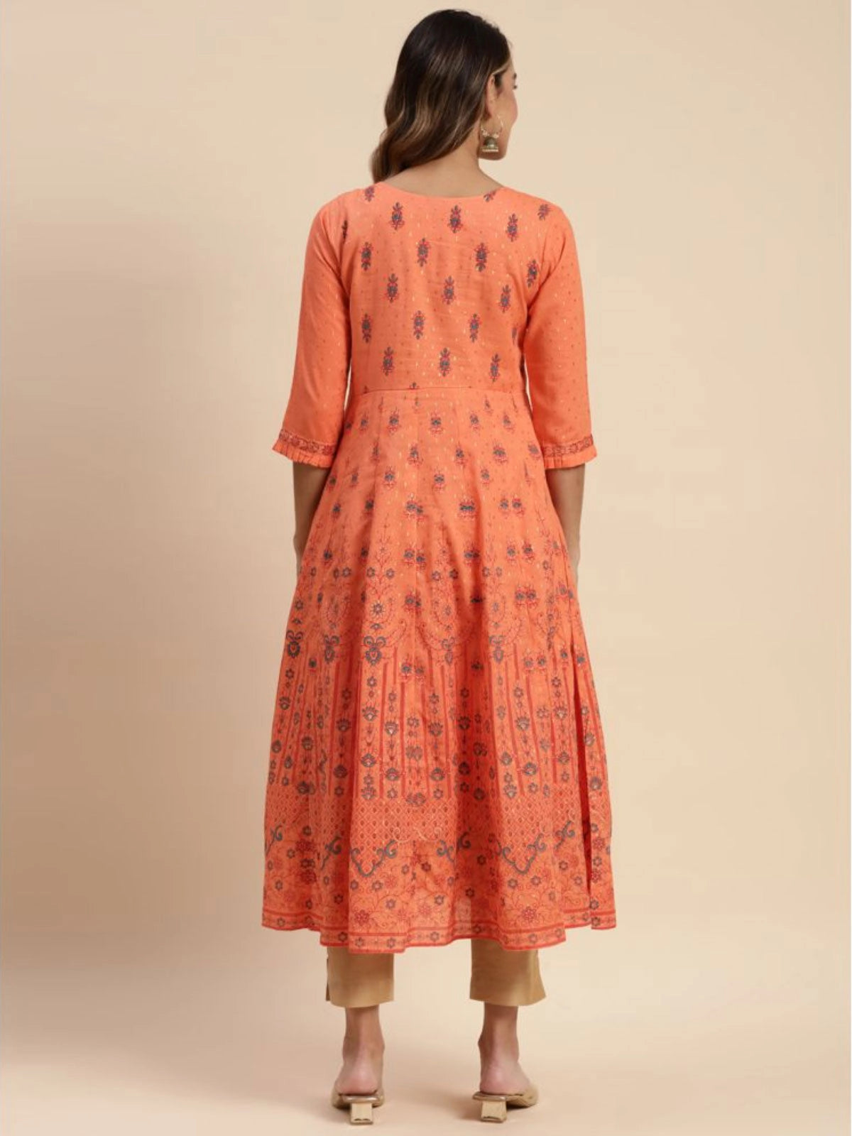 Buy 100% Cotton Yoke Embroidered Calf Length Flared Kurta-Orange