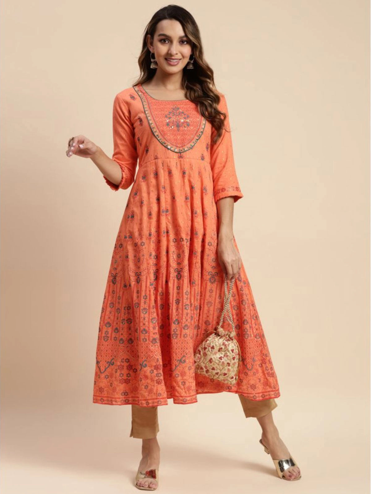 Buy 100% Cotton Yoke Embroidered Calf Length Flared Kurta-Orange