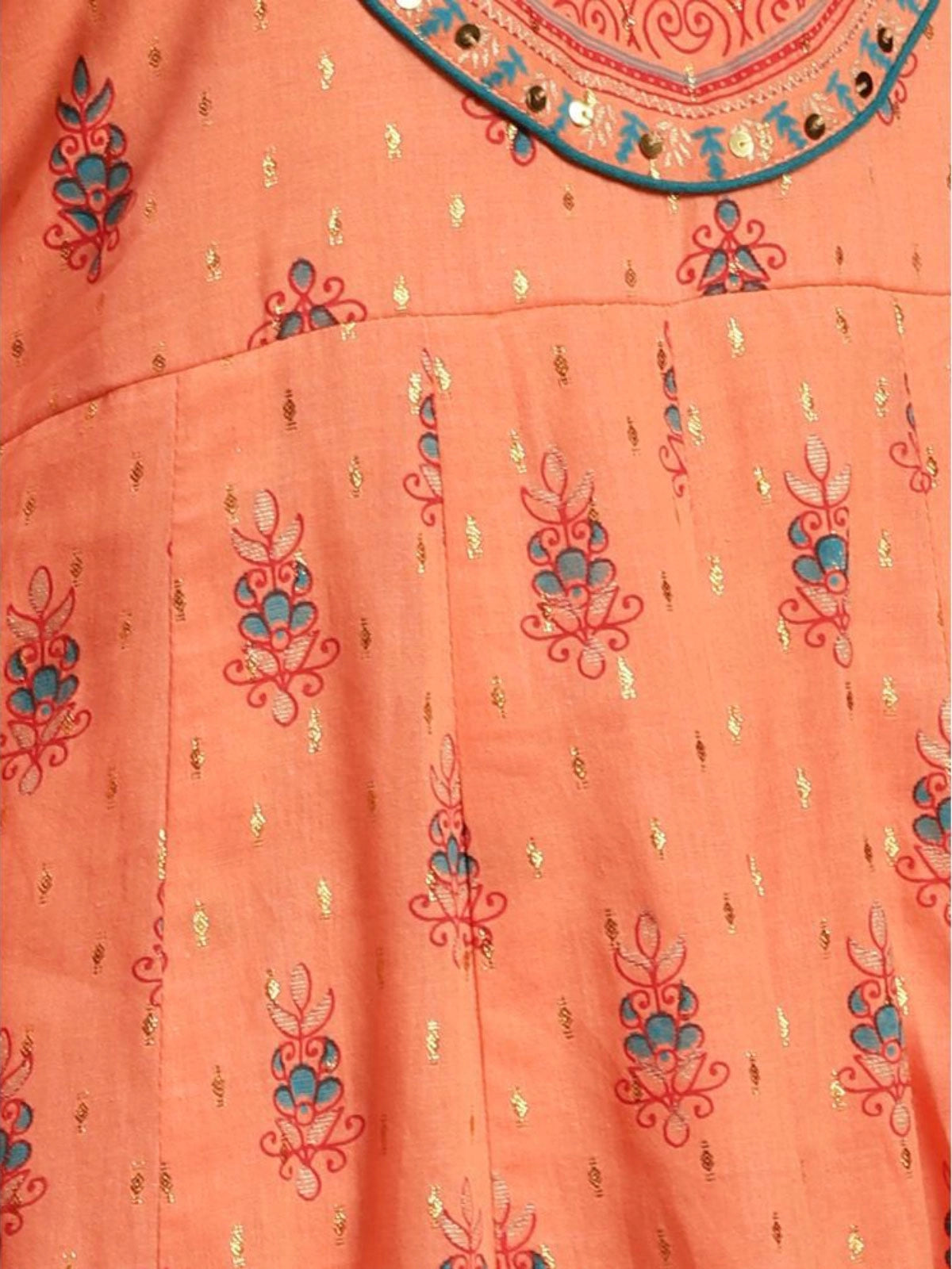 Buy 100% Cotton Yoke Embroidered Calf Length Flared Kurta-Orange