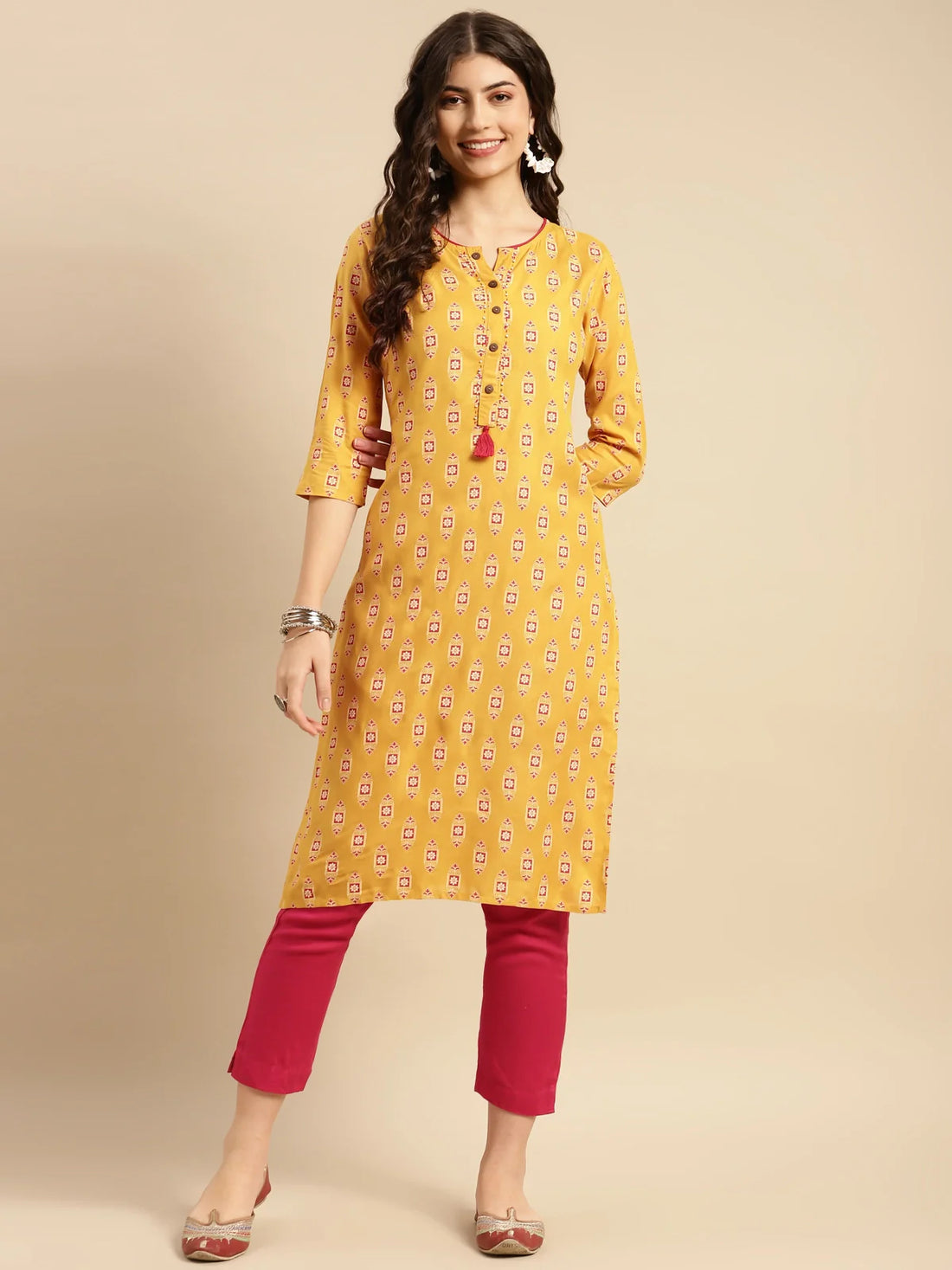 Buy Rayon Floral Printed Calf Length Straight Kurta With Pant-Mustard