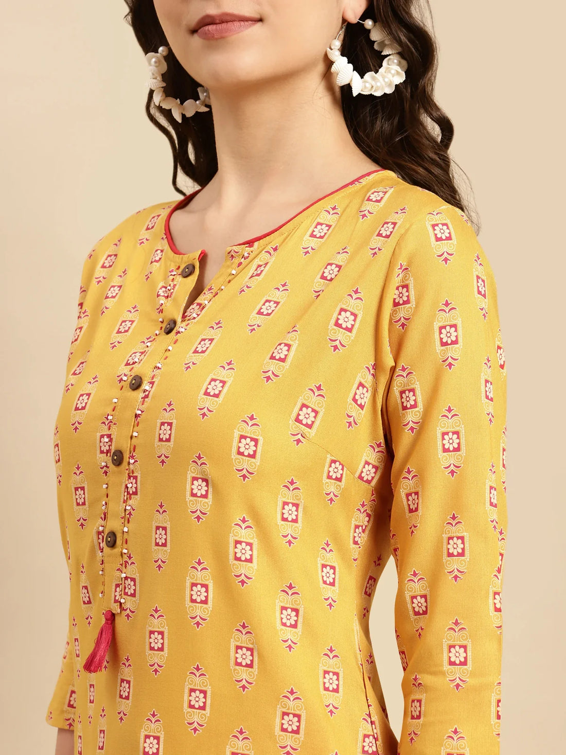 Buy Rayon Floral Printed Calf Length Straight Kurta With Pant-Mustard