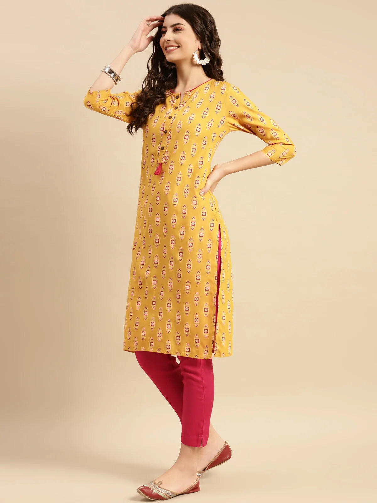 Buy Rayon Floral Printed Calf Length Straight Kurta With Pant-Mustard