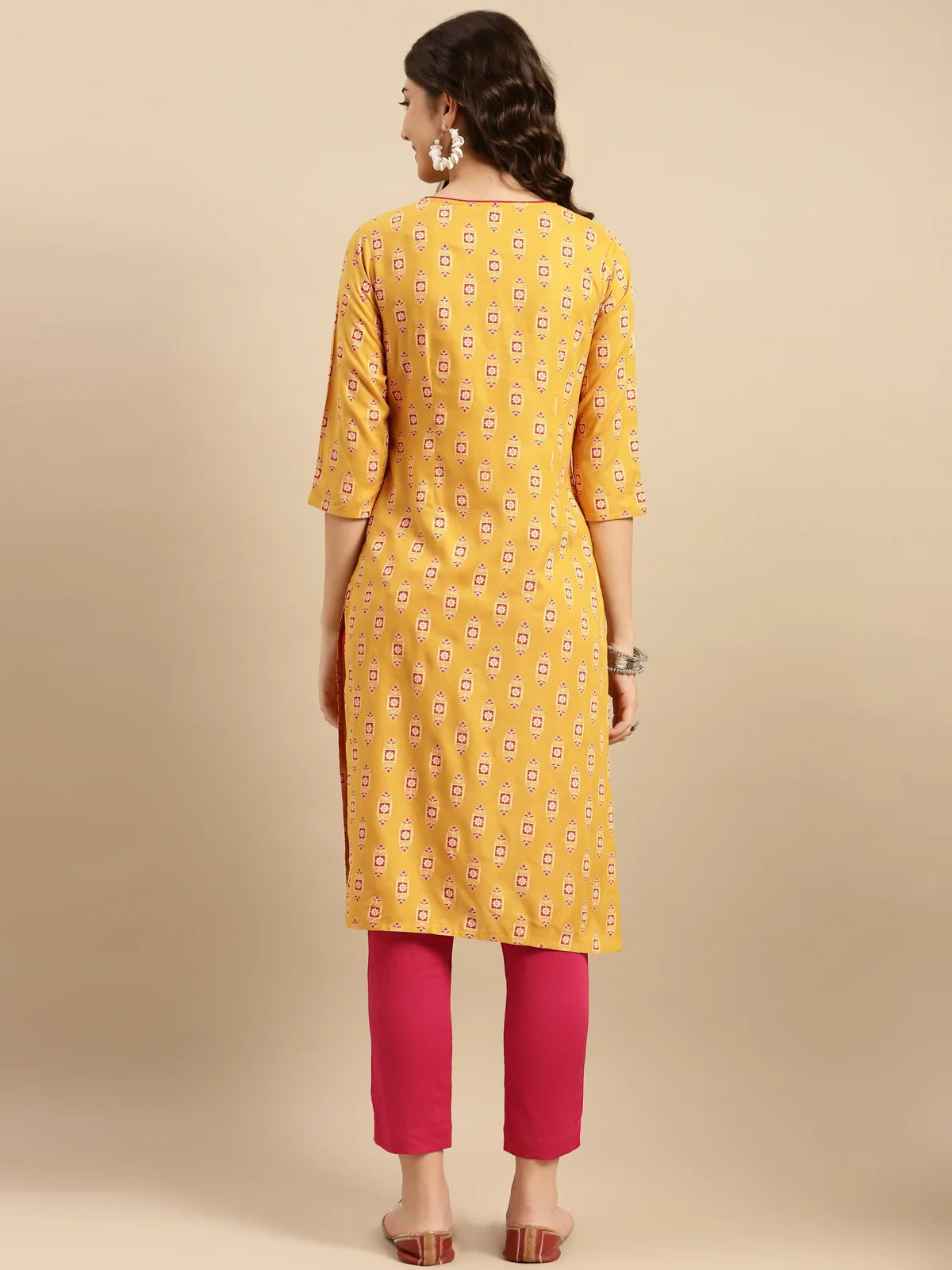 Buy Rayon Floral Printed Calf Length Straight Kurta With Pant-Mustard