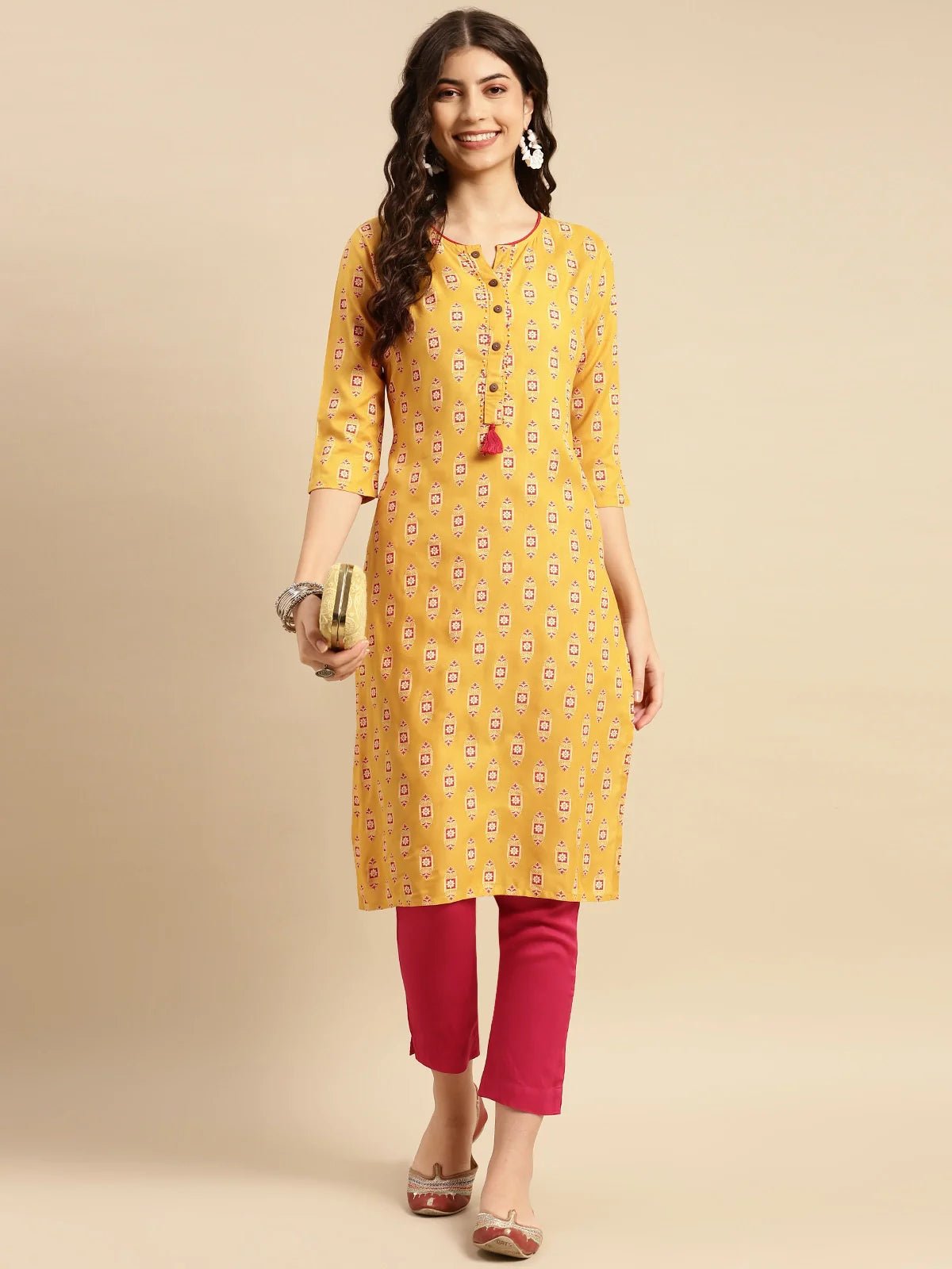 Buy Rayon Floral Printed Calf Length Straight Kurta With Pant-Mustard