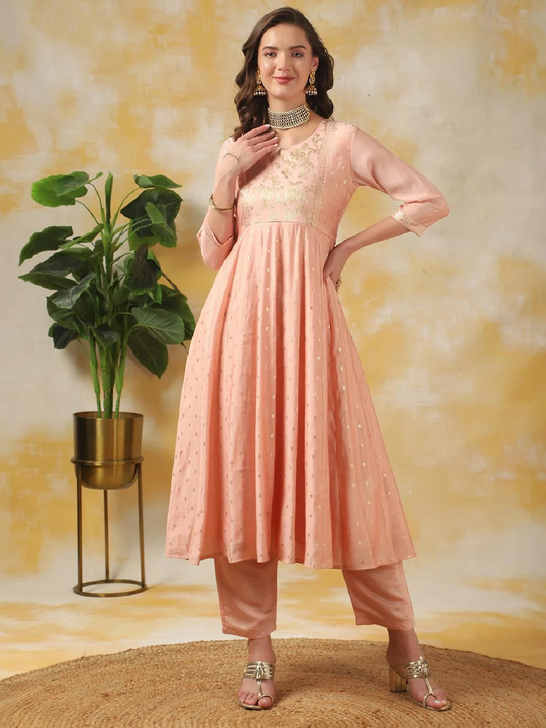 Buy Silk Gold Printed Calf Length Anarkali Kurta With Pant-Peach