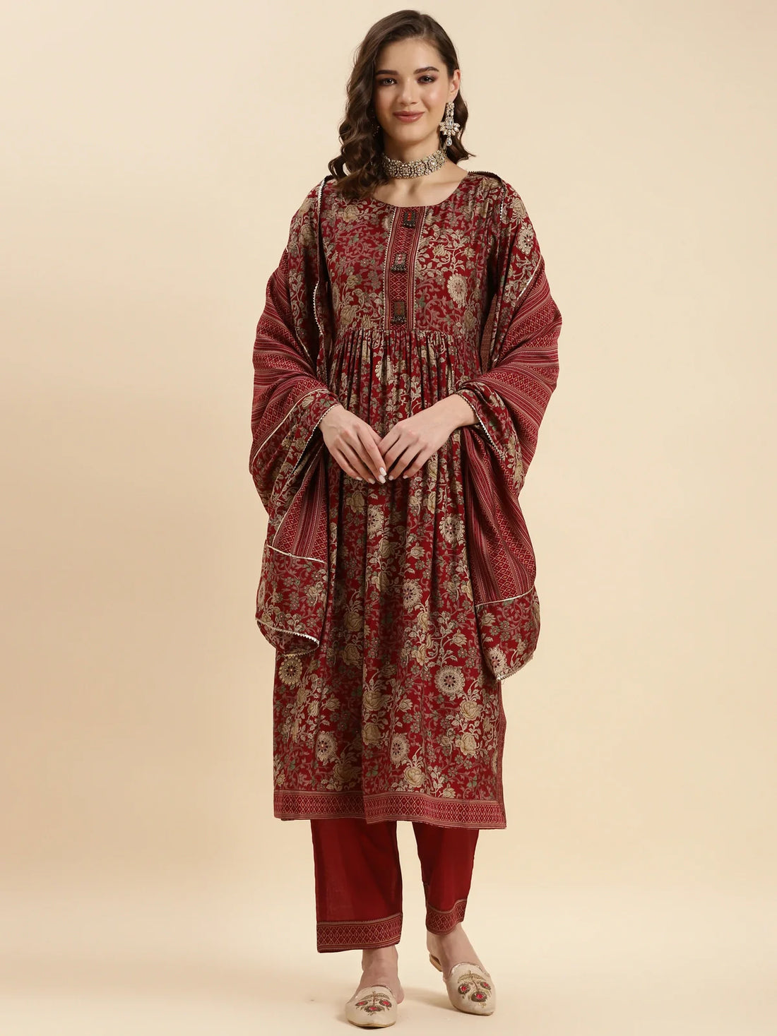 Buy Rayon Calf Length Floral Printed Nayra Kurta With Pant And Dupatta-Maroon