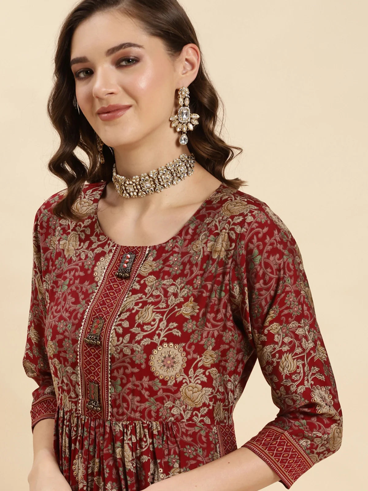 Buy Rayon Calf Length Floral Printed Nayra Kurta With Pant And Dupatta-Maroon