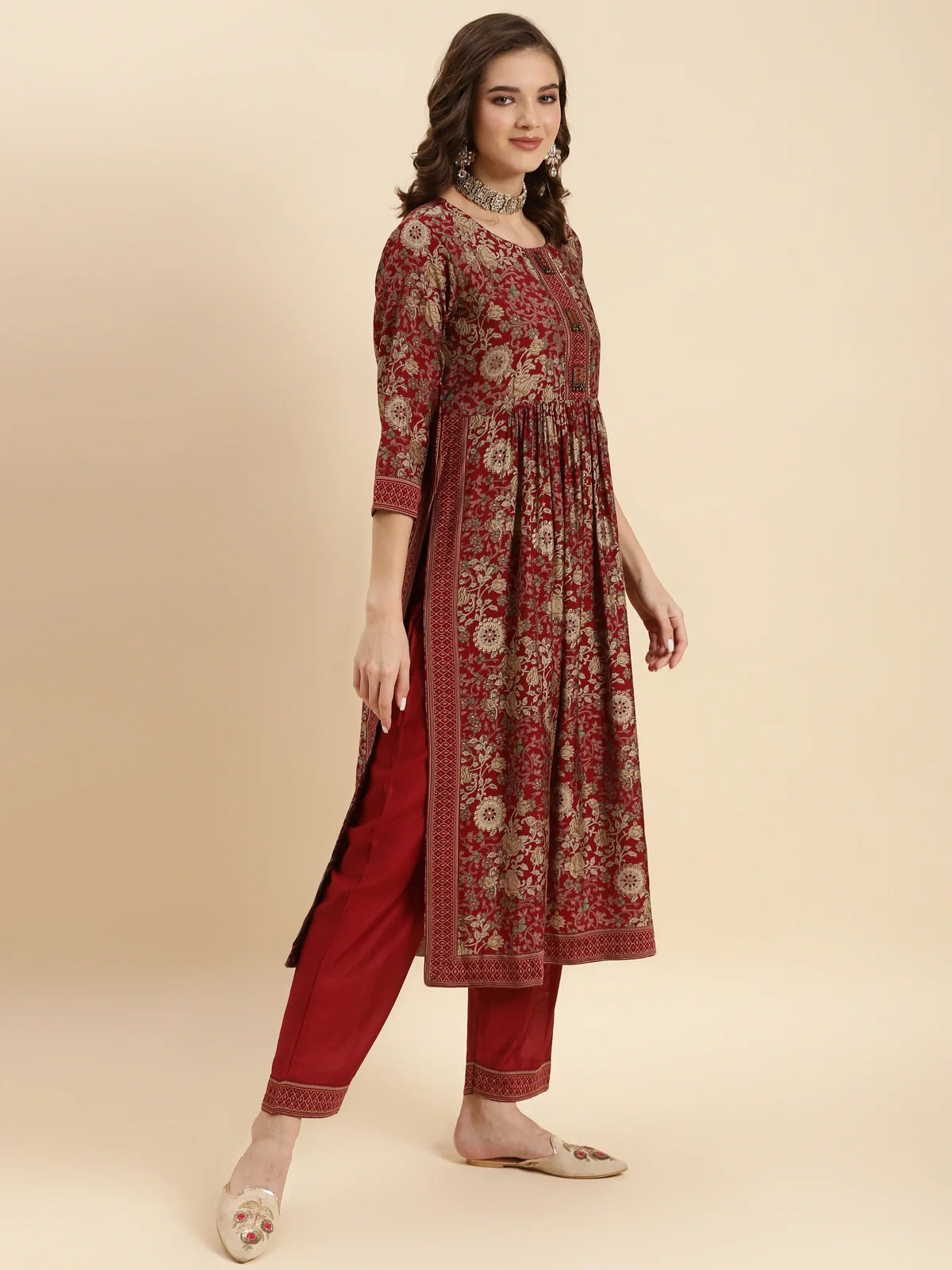 Buy Rayon Calf Length Floral Printed Nayra Kurta With Pant And Dupatta-Maroon