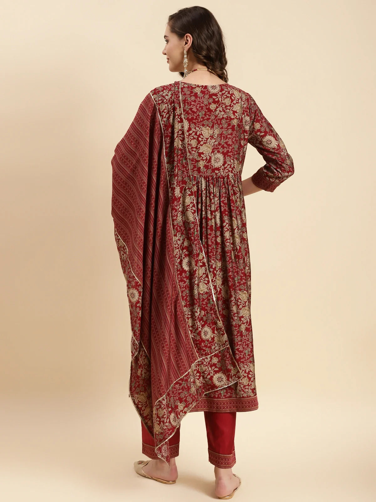 Buy Rayon Calf Length Floral Printed Nayra Kurta With Pant And Dupatta-Maroon