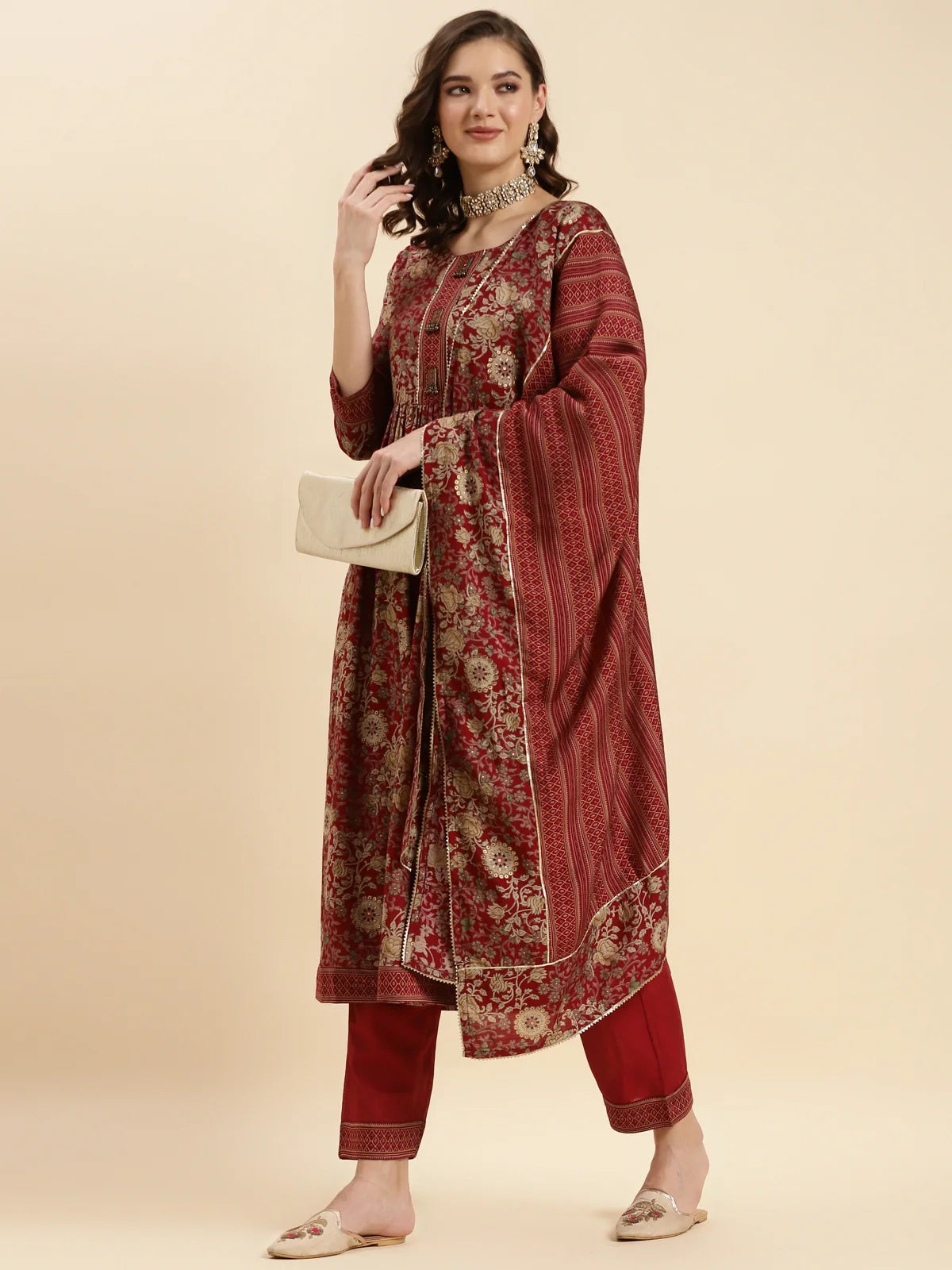 Buy Rayon Calf Length Floral Printed Nayra Kurta With Pant And Dupatta-Maroon