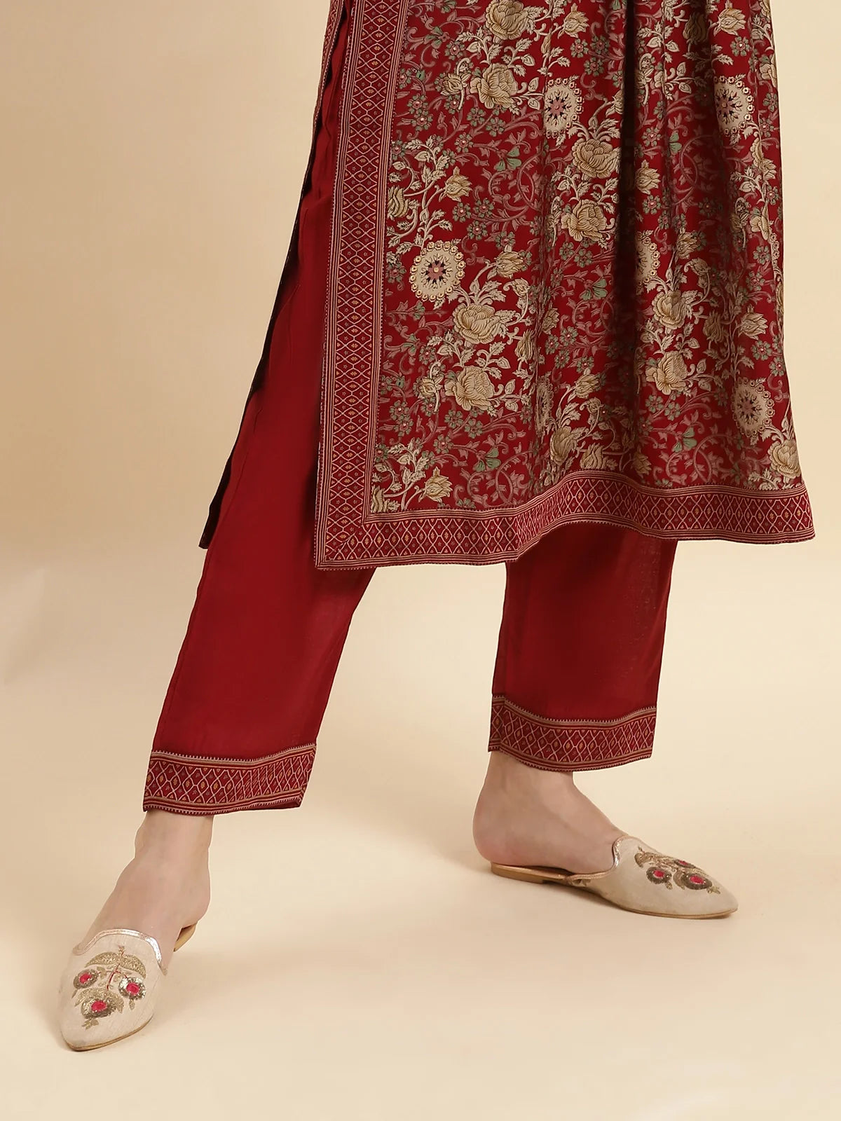 Buy Rayon Calf Length Floral Printed Nayra Kurta With Pant And Dupatta-Maroon