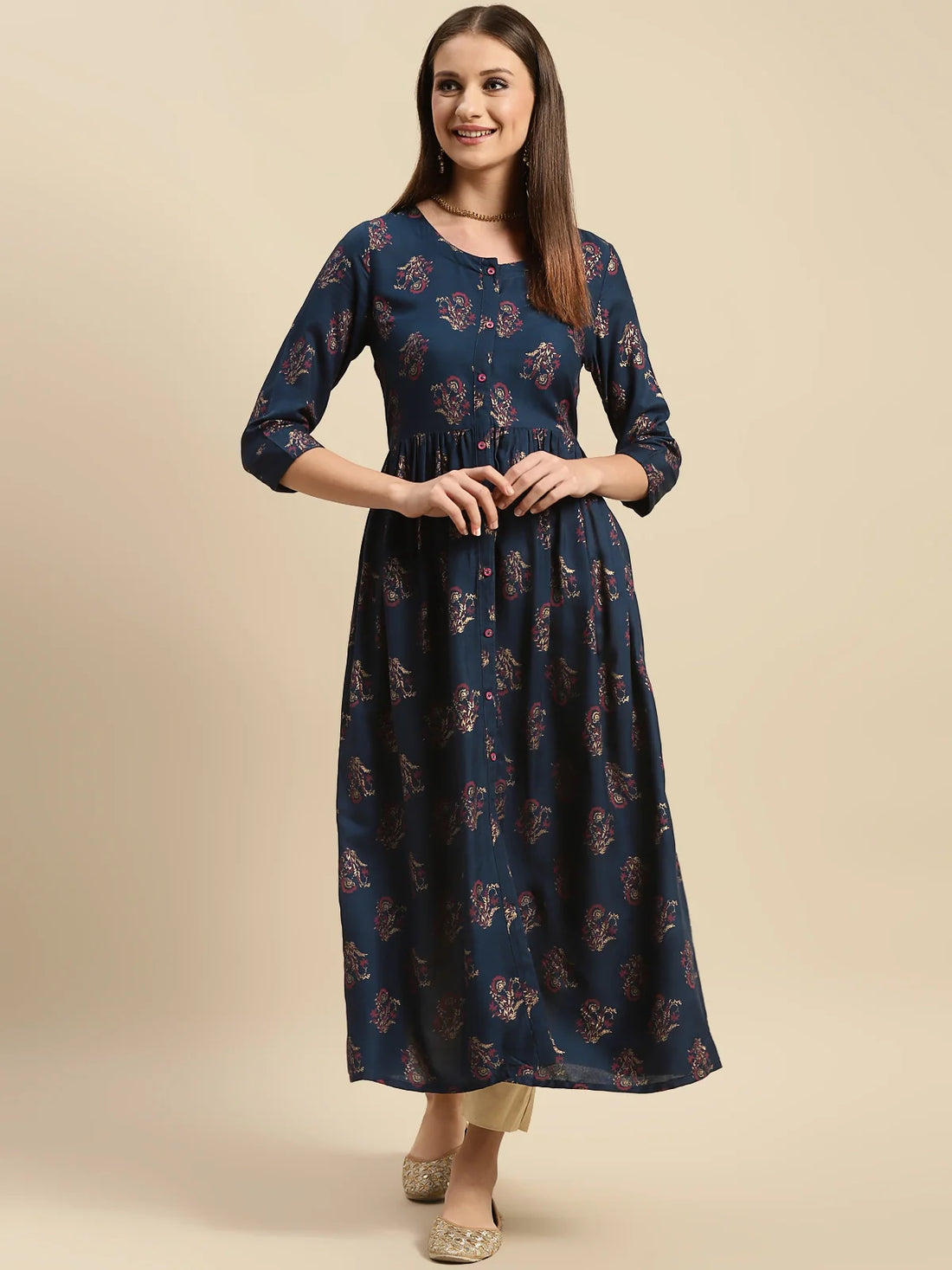 Buy Rayon Gold Printed Calf Length A-line Kurta With Gathers At Waist - Navy Blue-Navy Blue