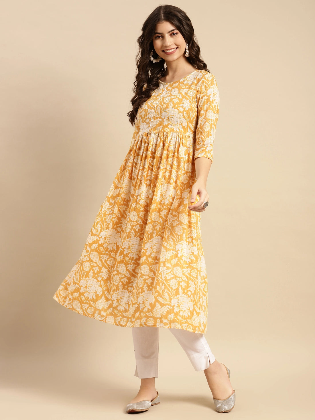 Buy 100% Cotton Printed Calf Length Kurta Gathered At Waist-Mustard