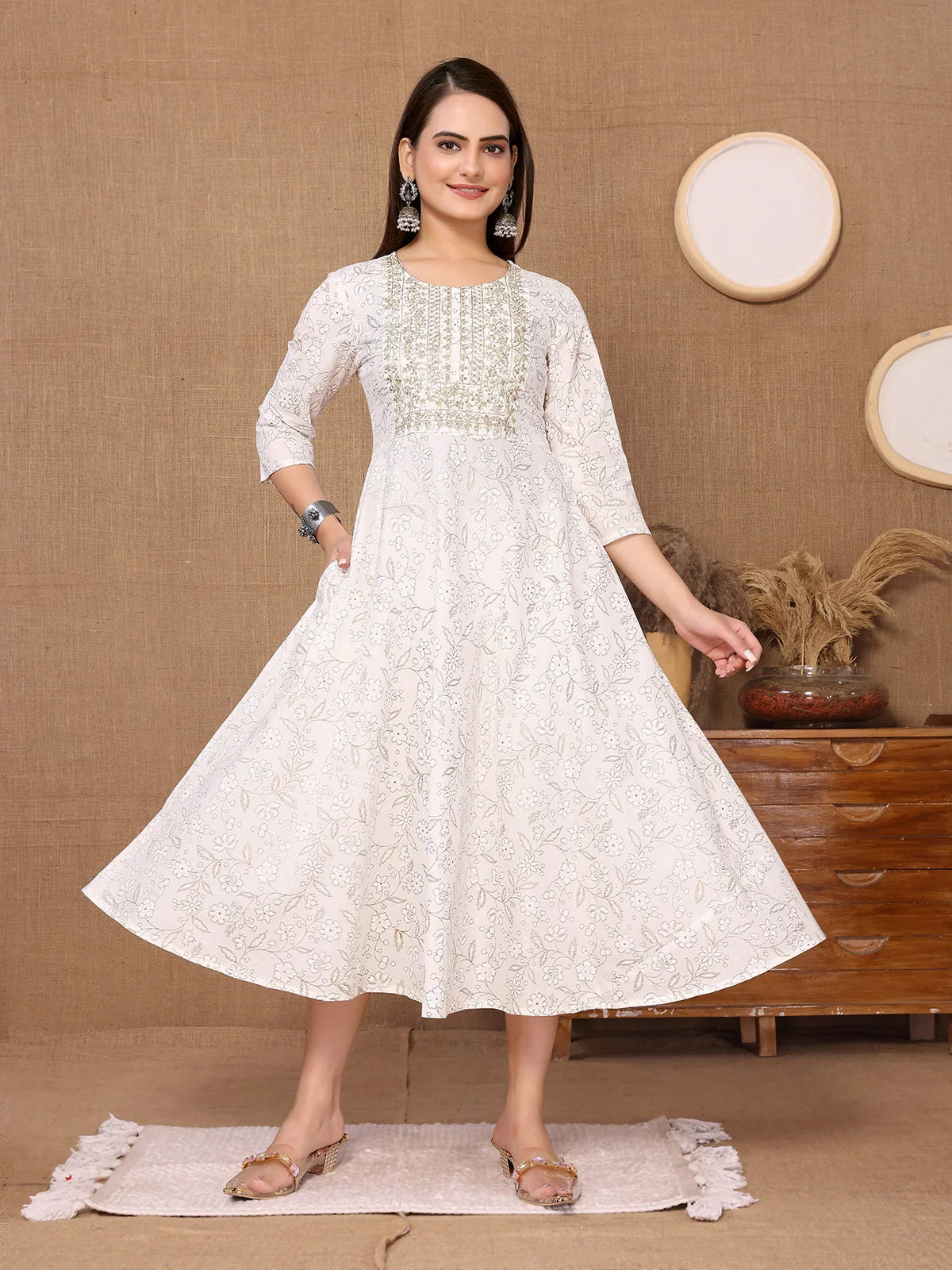 Buy Cotton Embroidered Calf Length Anarkali Kurta-Off White