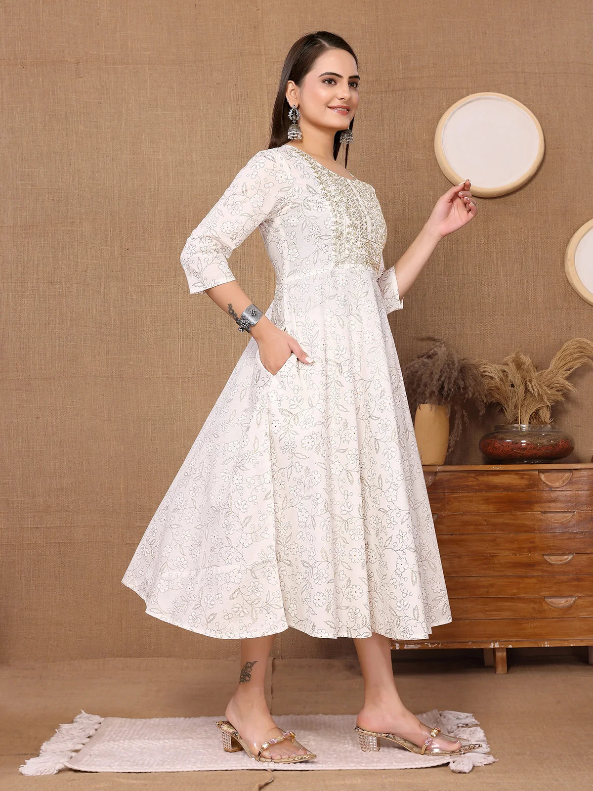 Buy Cotton Embroidered Calf Length Anarkali Kurta-Off White