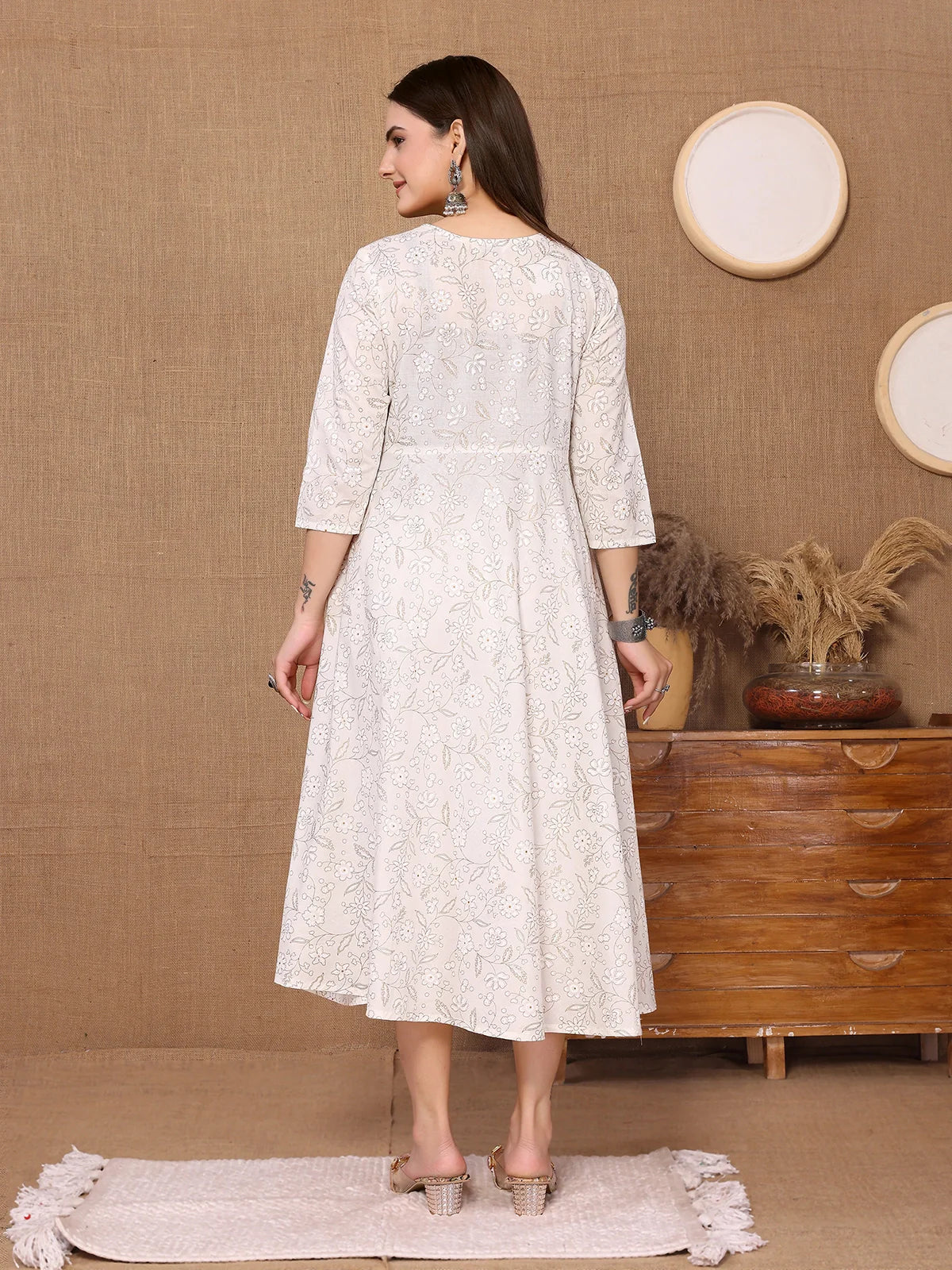 Buy Cotton Embroidered Calf Length Anarkali Kurta-Off White