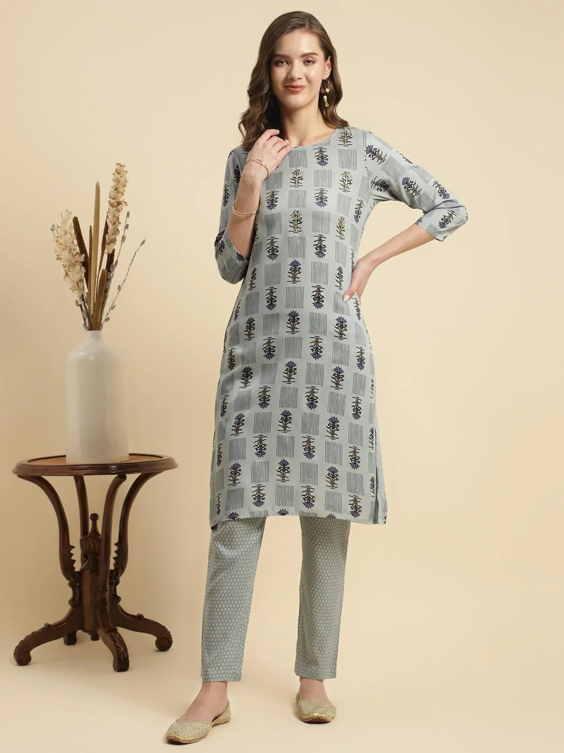 Buy Rayon Printed Knee Length Straight Kurta With Pant-Light Grey