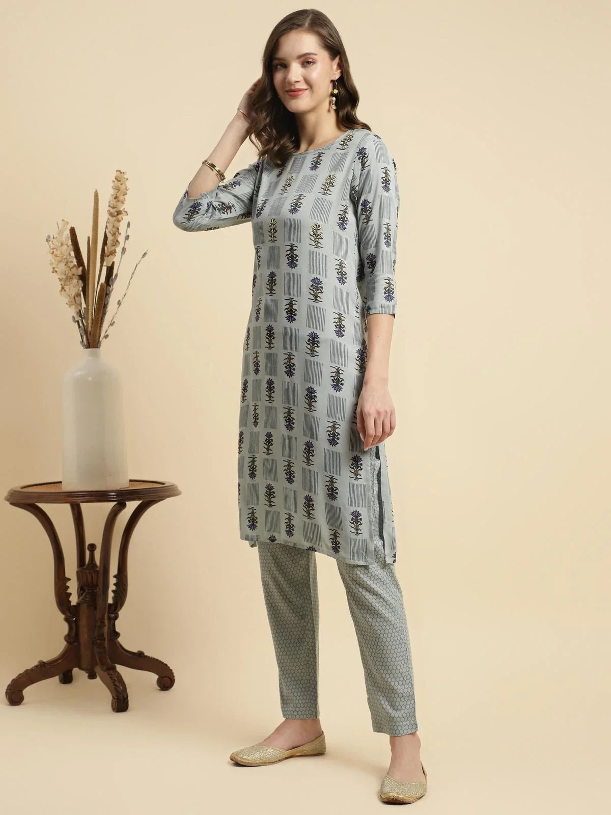 Buy Rayon Printed Knee Length Straight Kurta With Pant-Light Grey