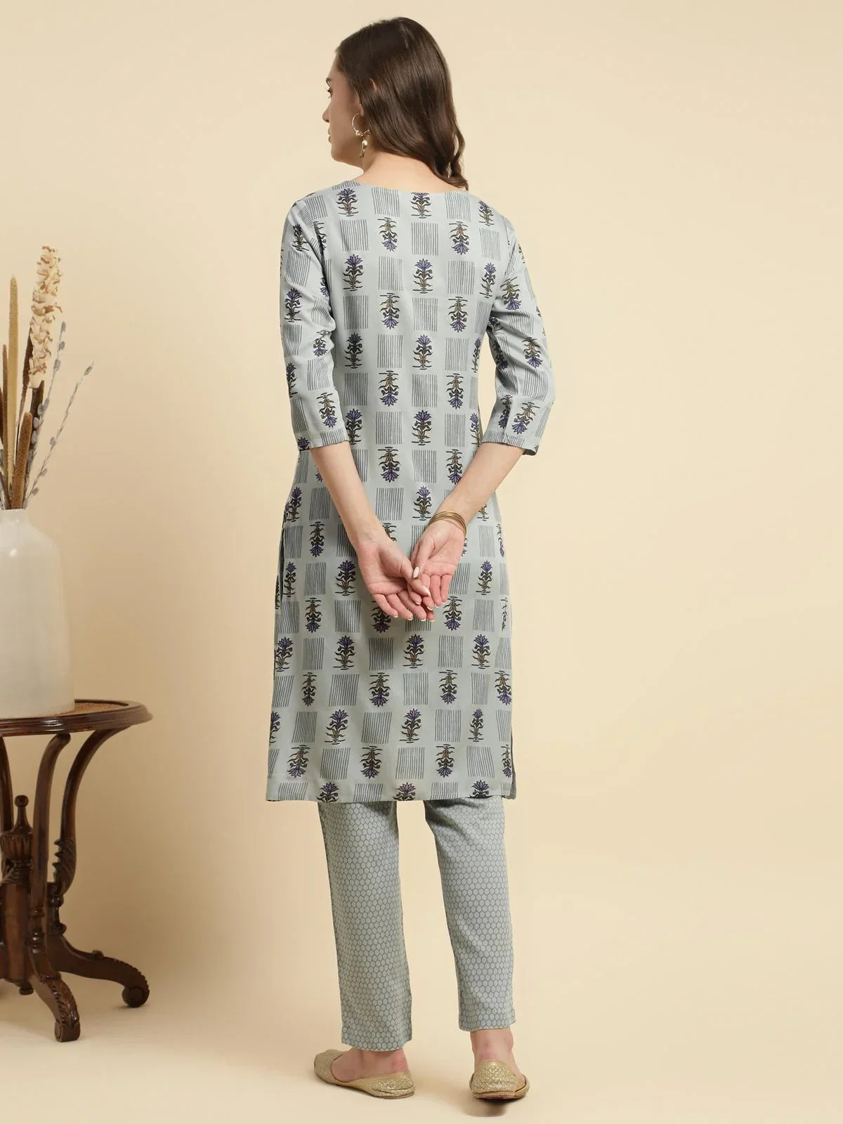 Buy Rayon Printed Knee Length Straight Kurta With Pant-Light Grey