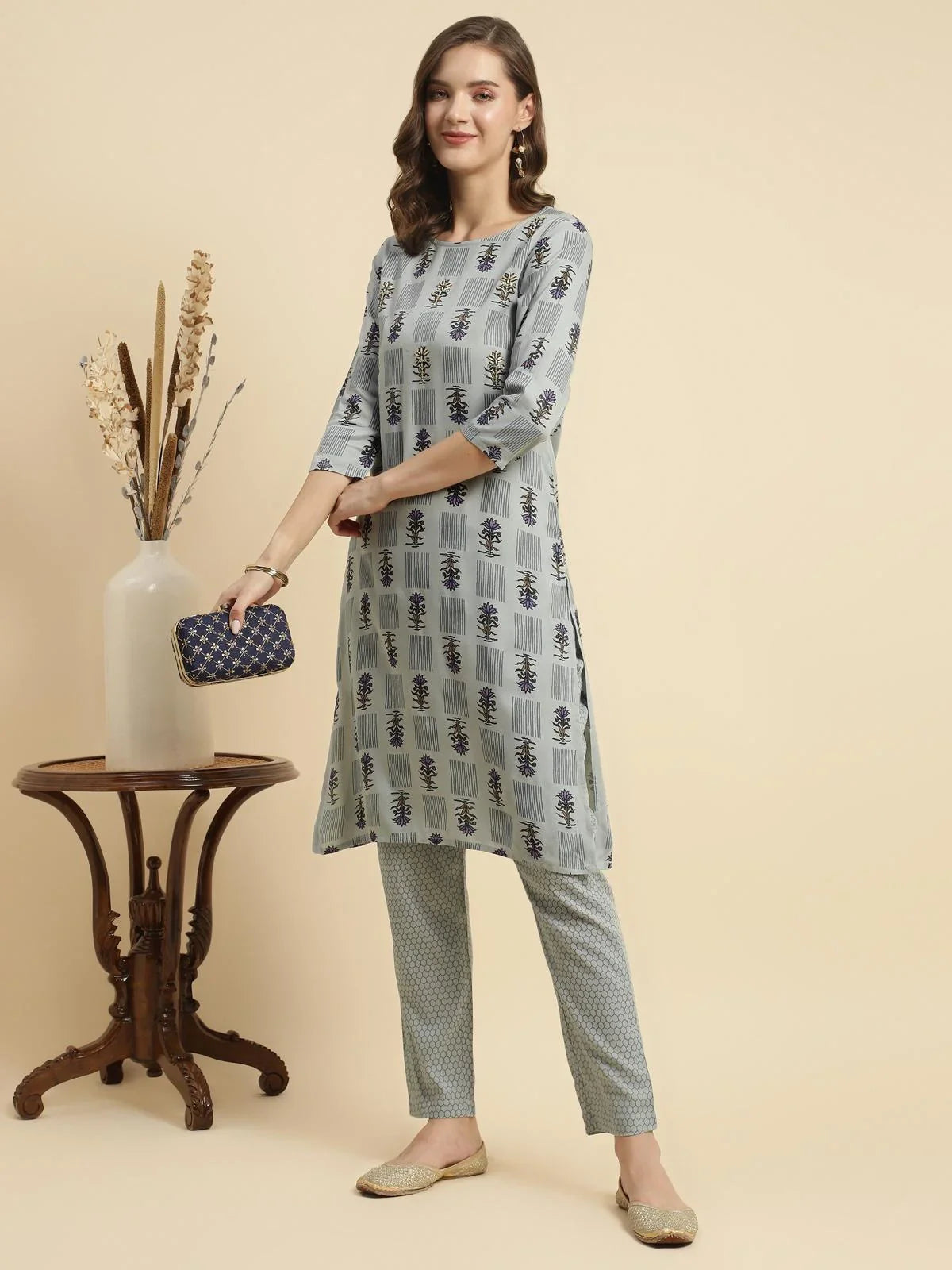 Buy Rayon Printed Knee Length Straight Kurta With Pant-Light Grey