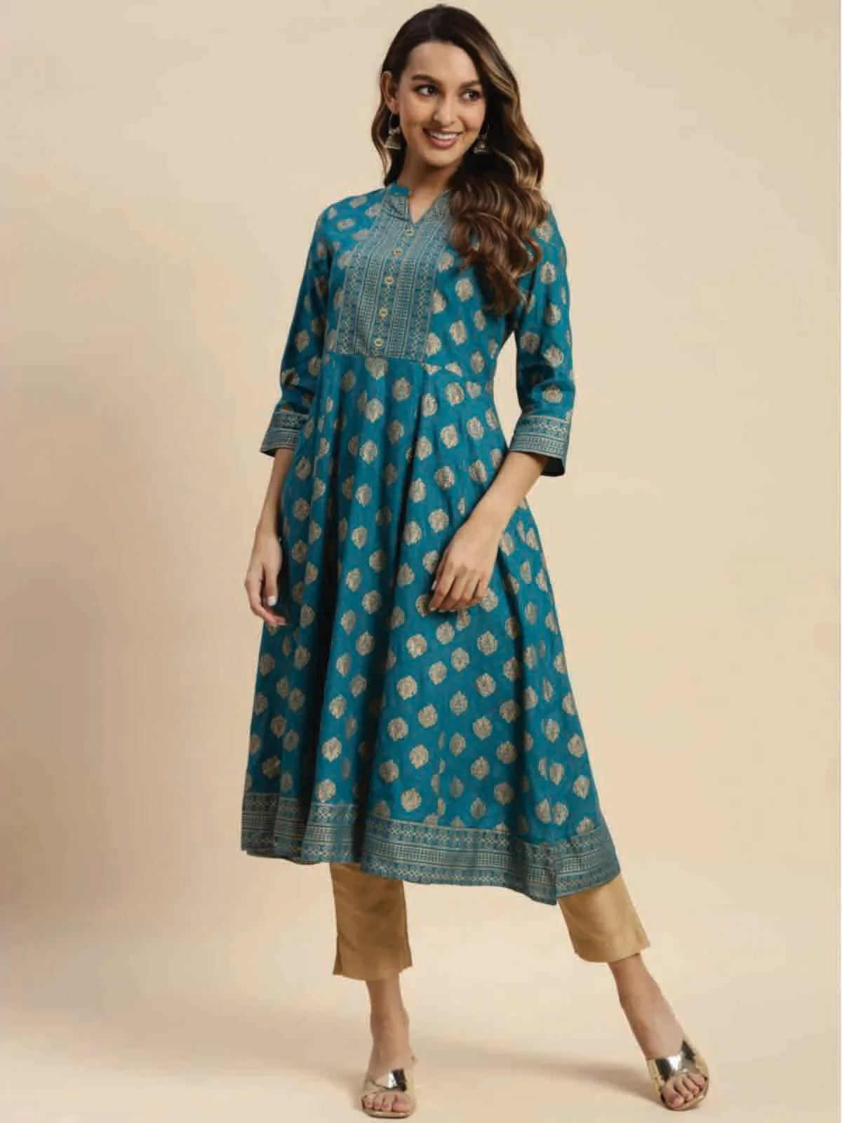 Buy Rayon Gold Printed Calf Length Flared Kurta-Teal