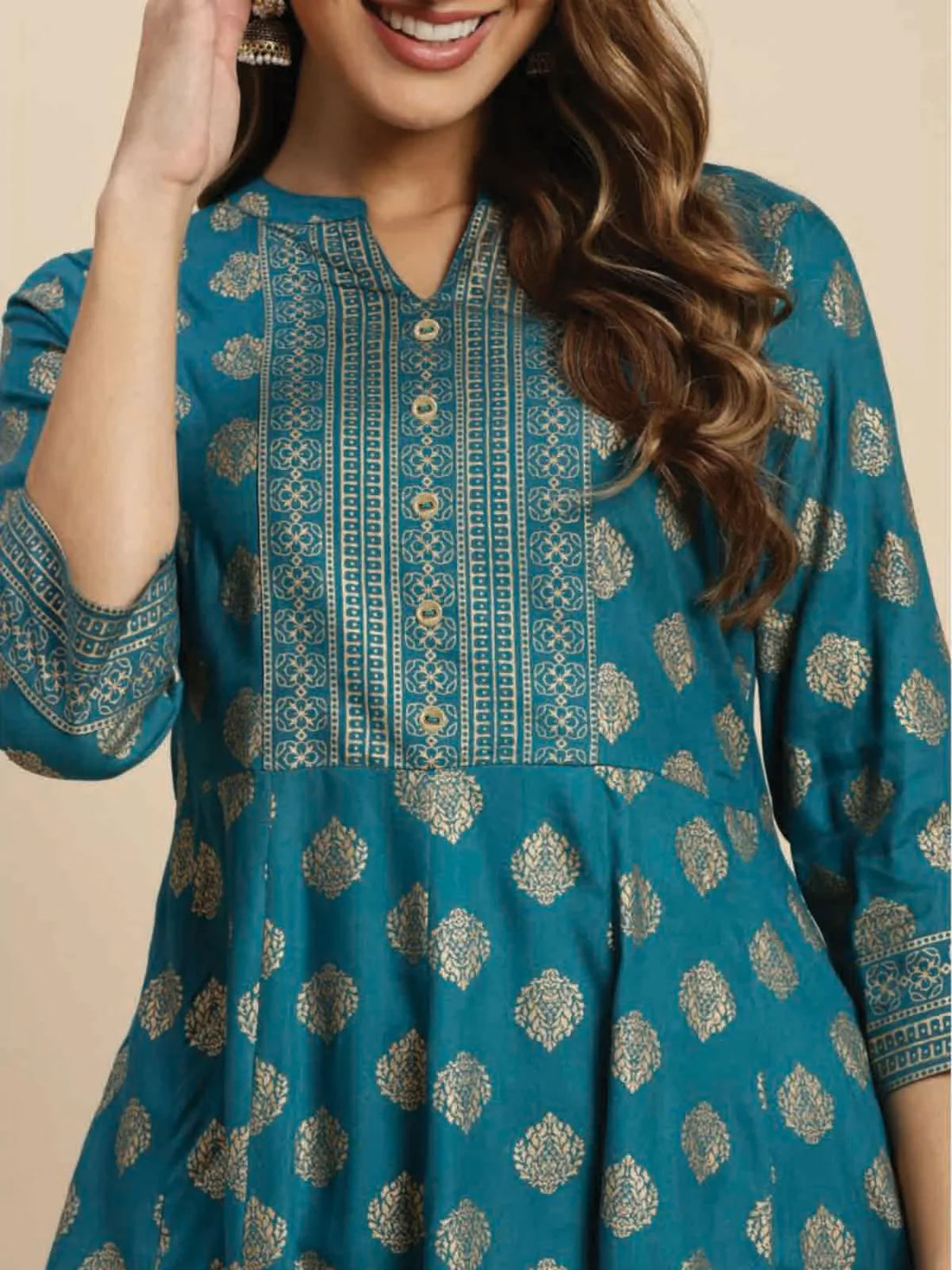 Buy Rayon Gold Printed Calf Length Flared Kurta-Teal