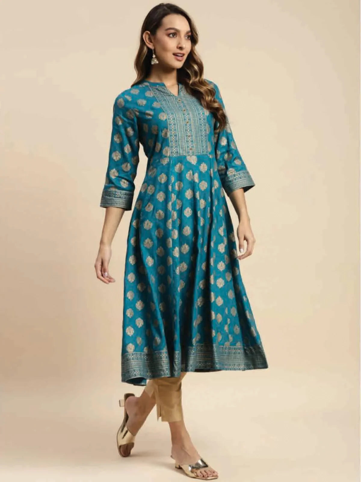 Buy Rayon Gold Printed Calf Length Flared Kurta-Teal