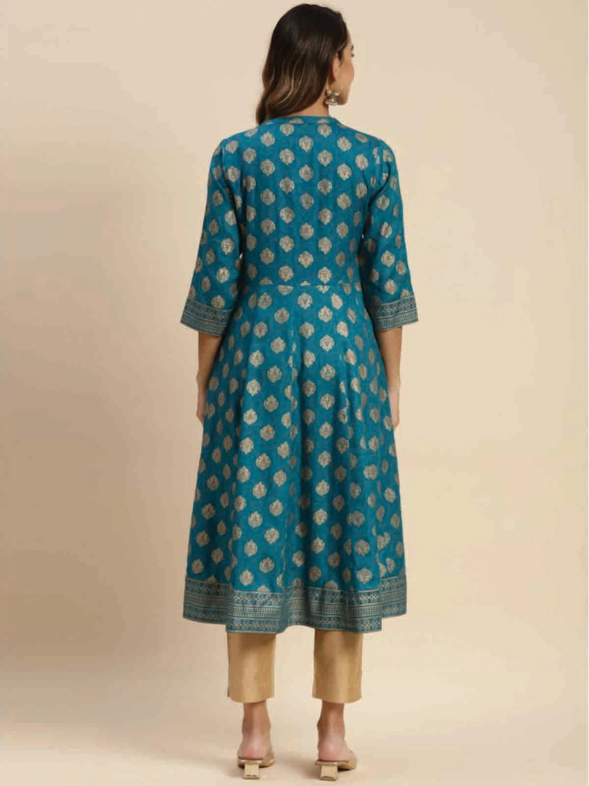 Buy Rayon Gold Printed Calf Length Flared Kurta-Teal