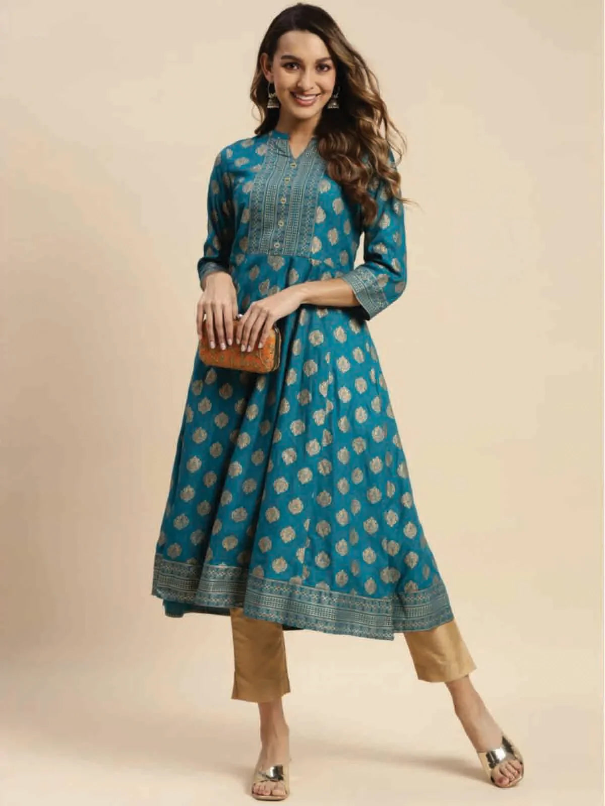 Buy Rayon Gold Printed Calf Length Flared Kurta-Teal