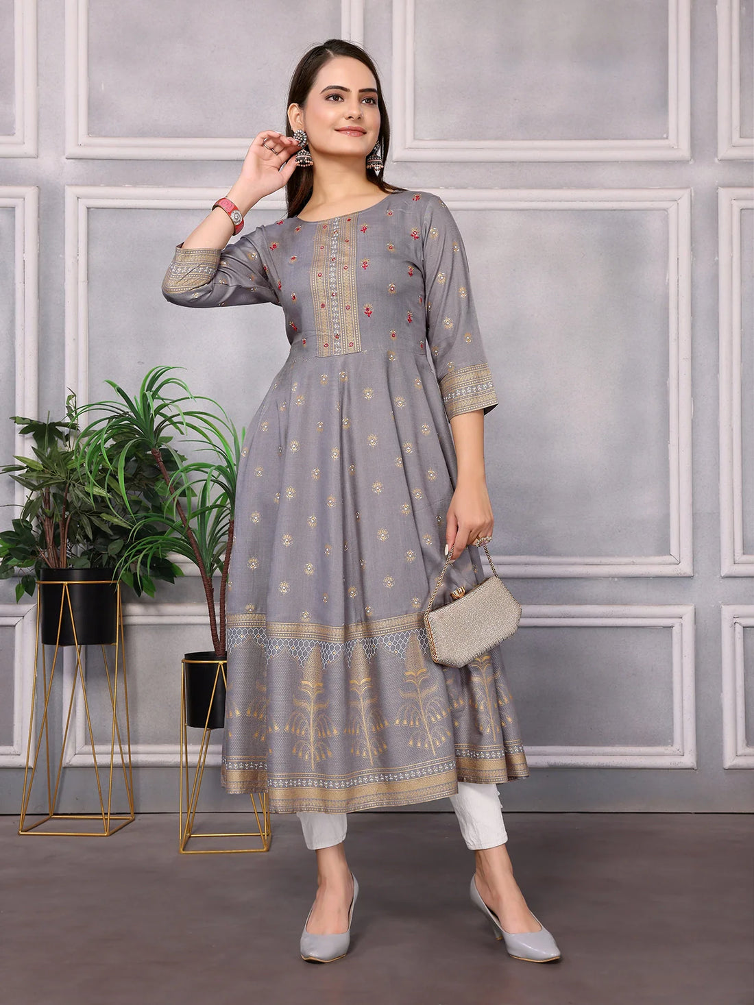 Buy Rayon Embellished Calf Length Anarkali Kurta-Grey