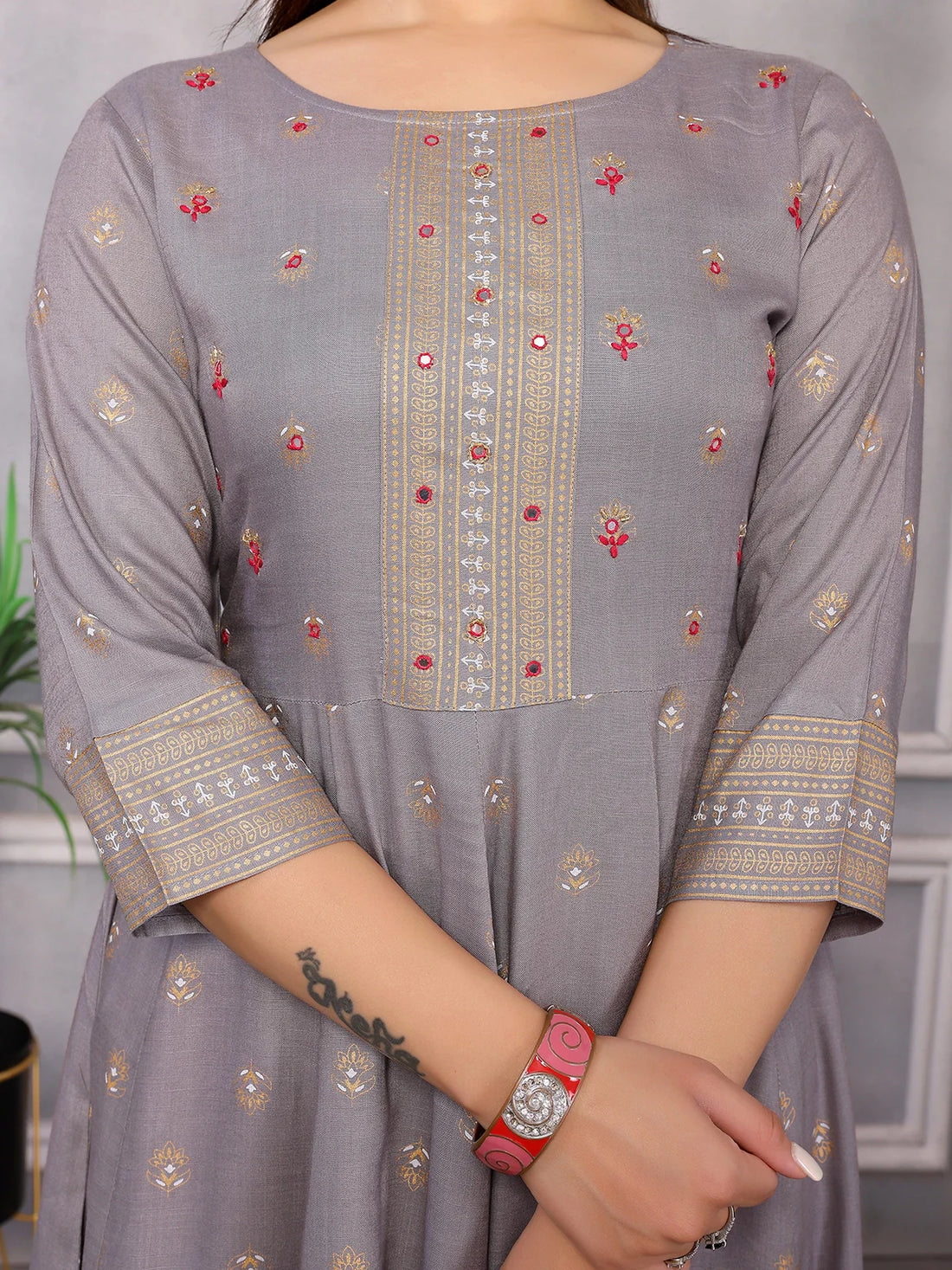 Buy Rayon Embellished Calf Length Anarkali Kurta-Grey