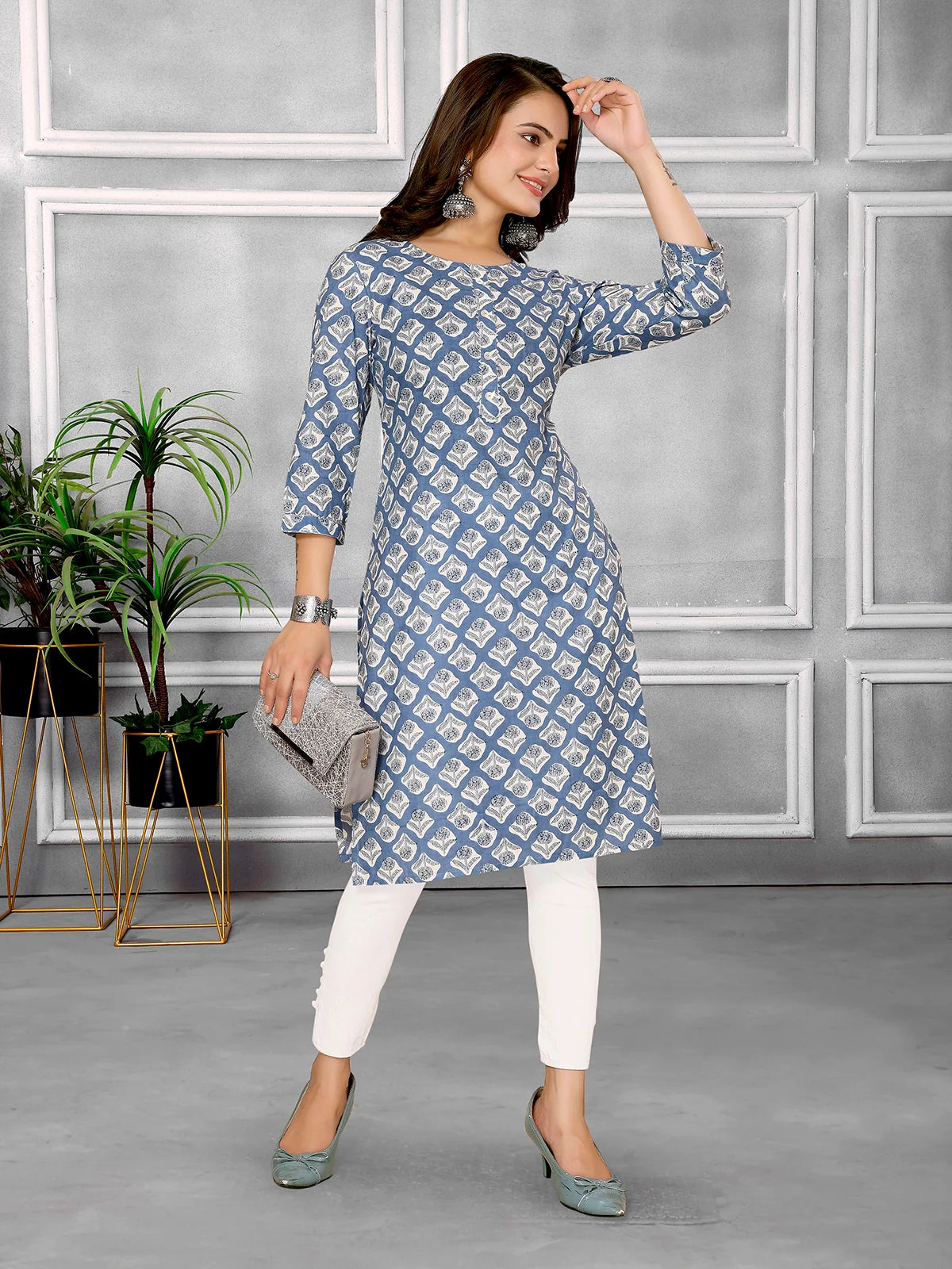 Buy Cotton Printed Knee Length Straight Kurta-Blue