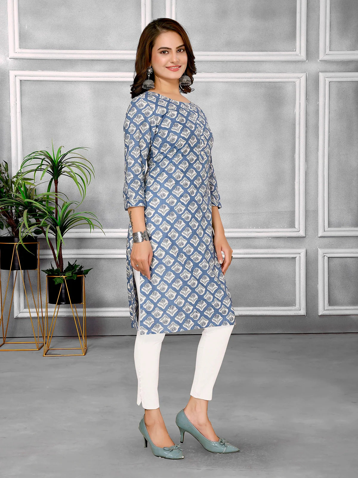 Buy Cotton Printed Knee Length Straight Kurta-Blue