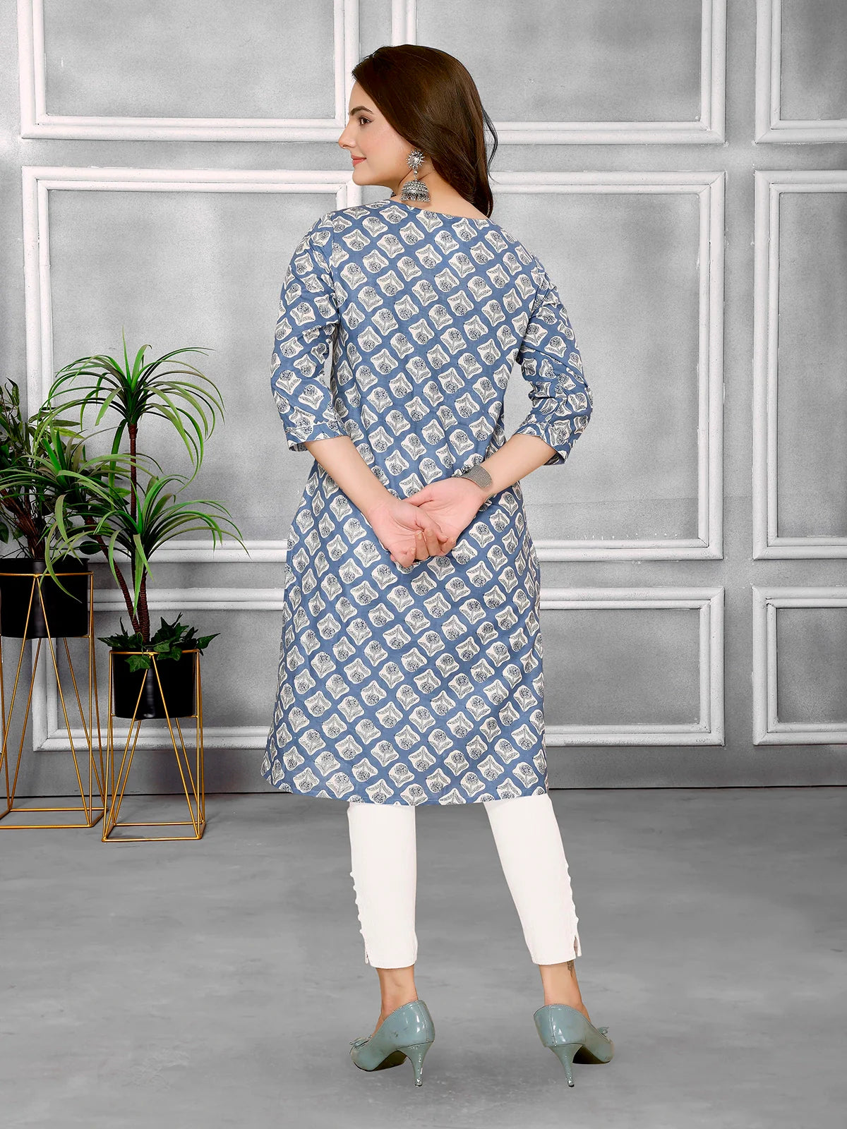 Buy Cotton Printed Knee Length Straight Kurta-Blue