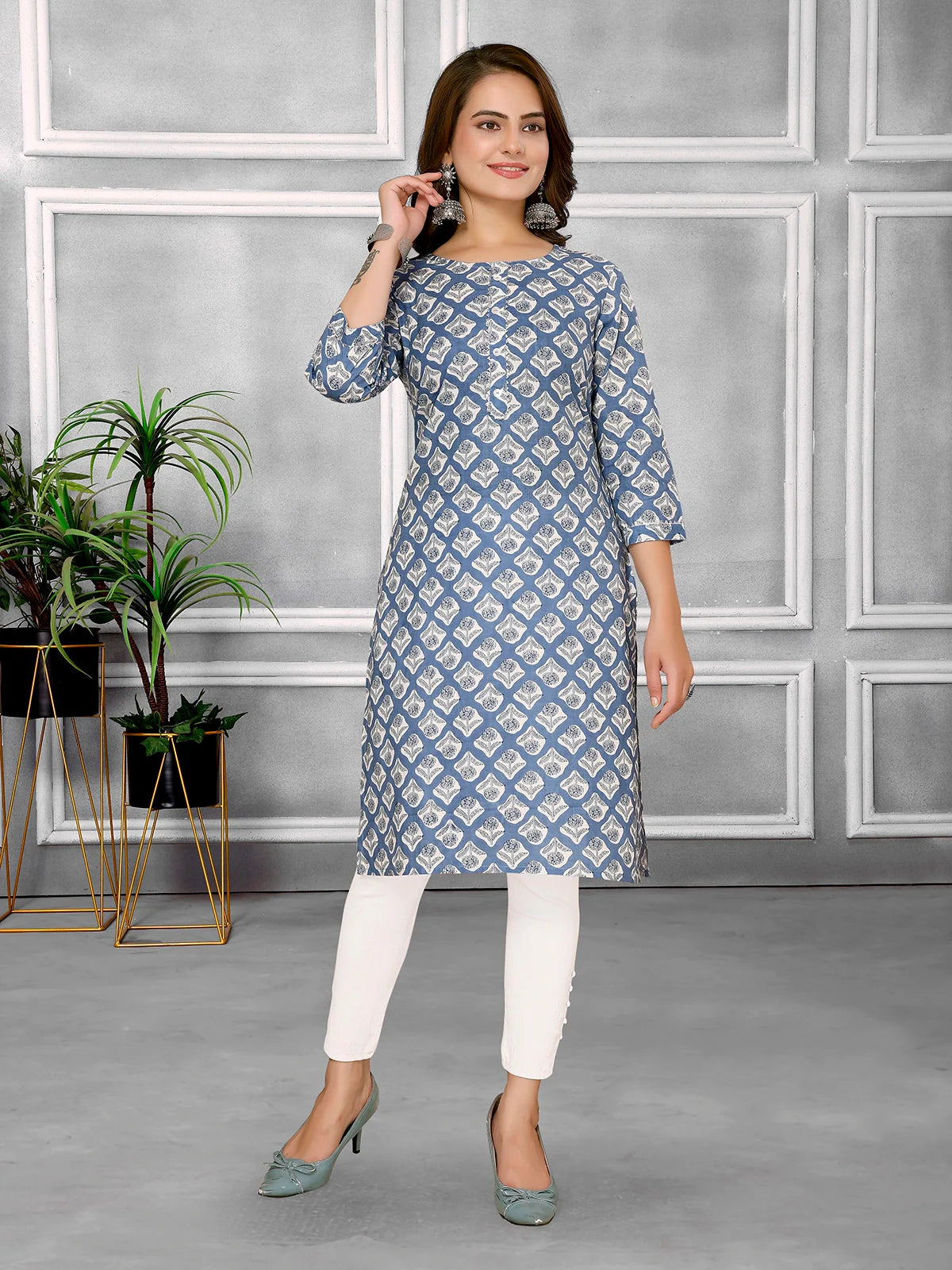 Buy Cotton Printed Knee Length Straight Kurta-Blue