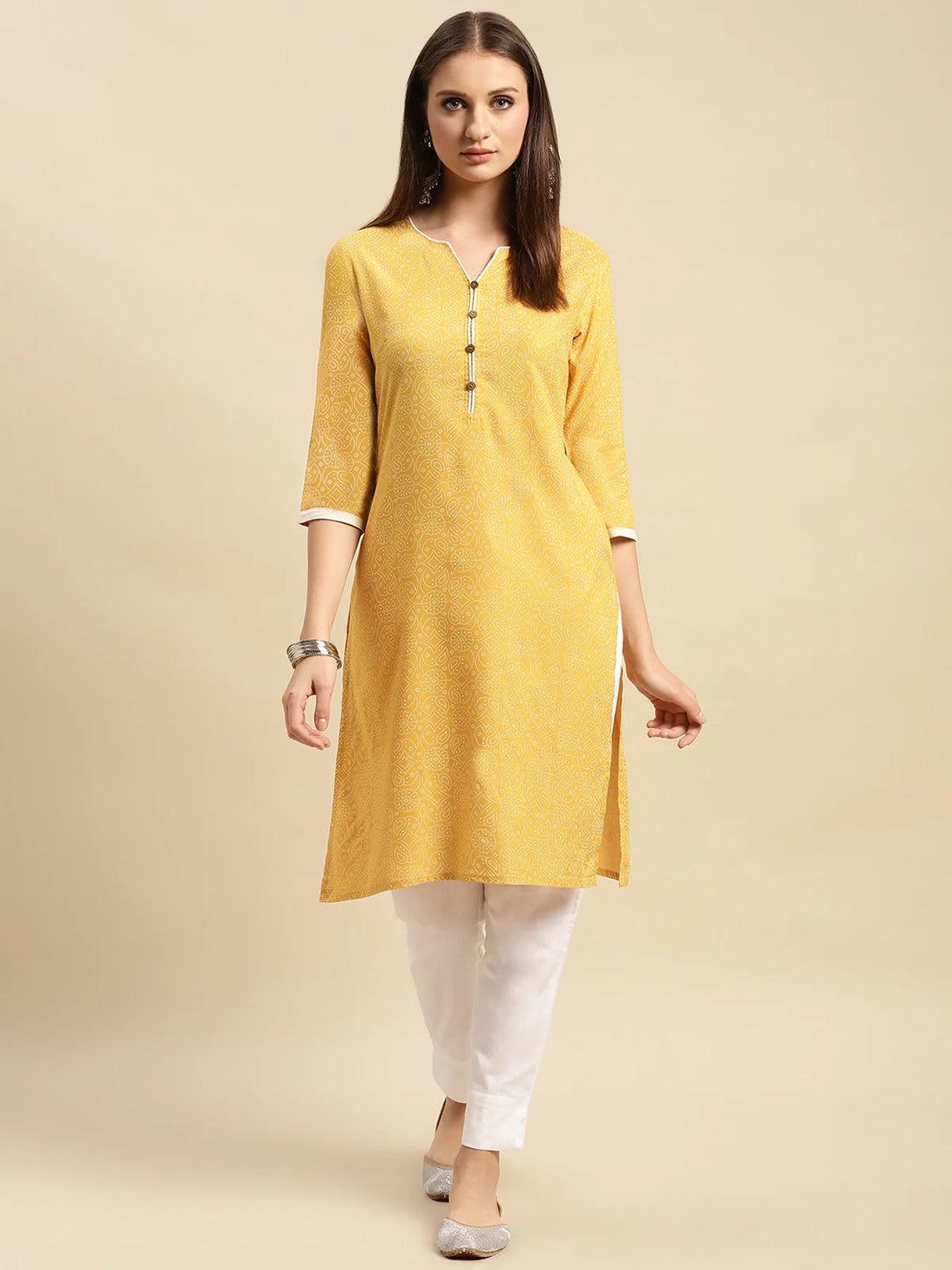 Buy Rayon Tonal Printed Contrast Placket Knee Length Straight Kurta-Mustard