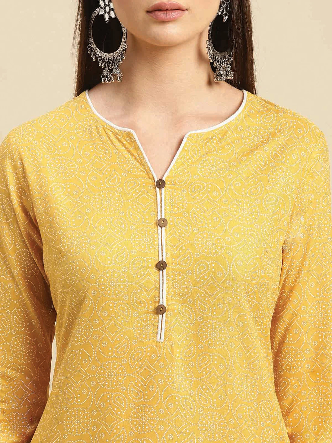 Buy Rayon Tonal Printed Contrast Placket Knee Length Straight Kurta-Mustard