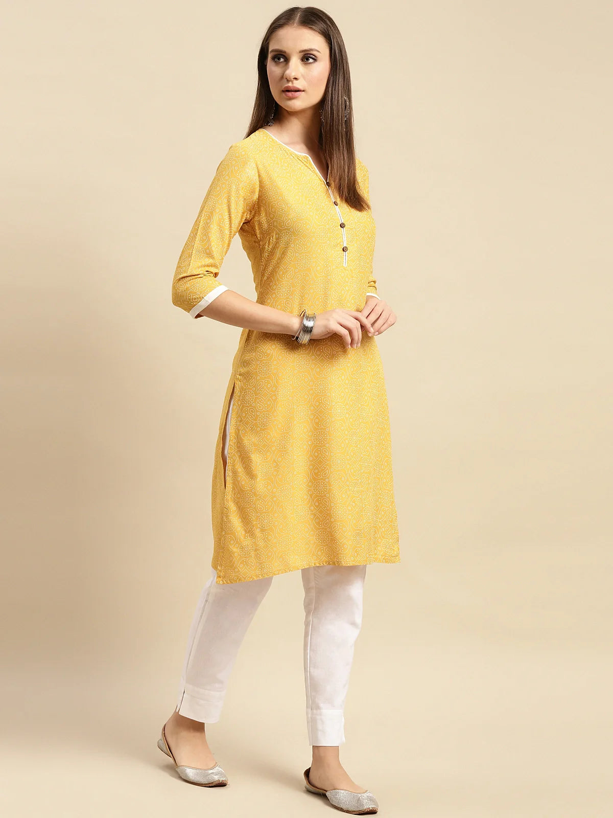 Buy Rayon Tonal Printed Contrast Placket Knee Length Straight Kurta-Mustard