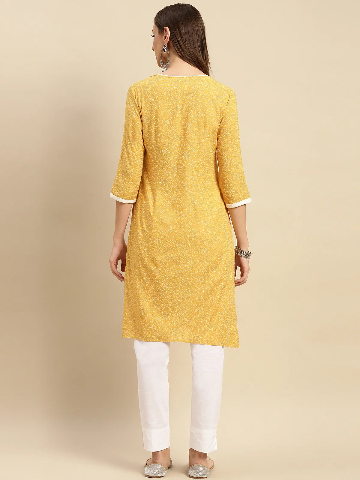 Buy Rayon Tonal Printed Contrast Placket Knee Length Straight Kurta-Mustard