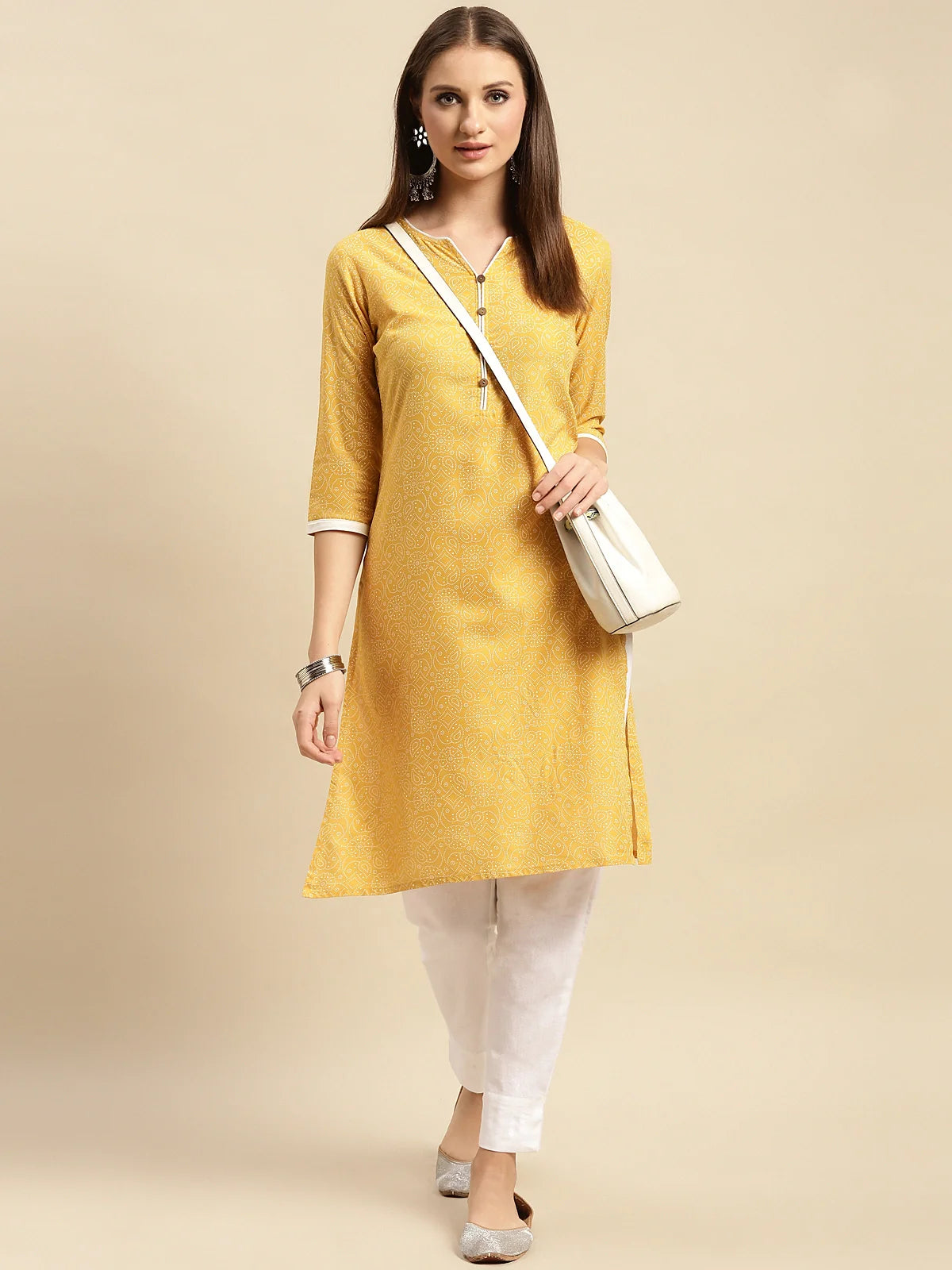 Buy Rayon Tonal Printed Contrast Placket Knee Length Straight Kurta-Mustard