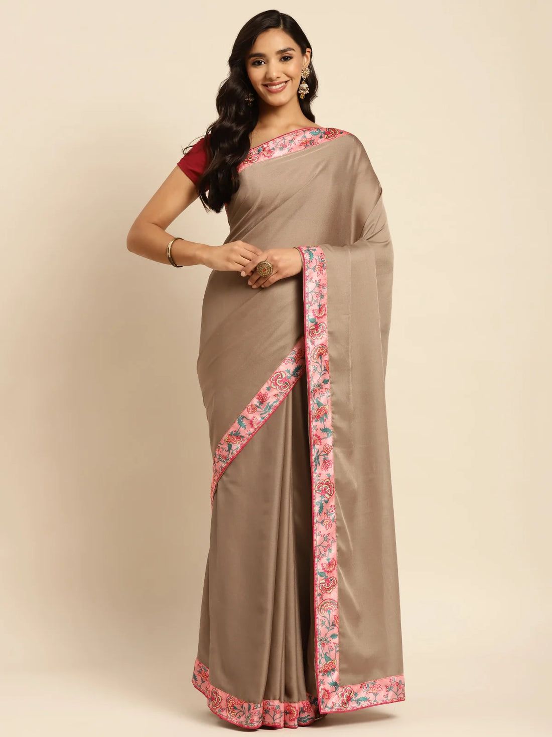 Buy Solid Moss Georgette Saree With Printed Border & Blouse Piece-Grey