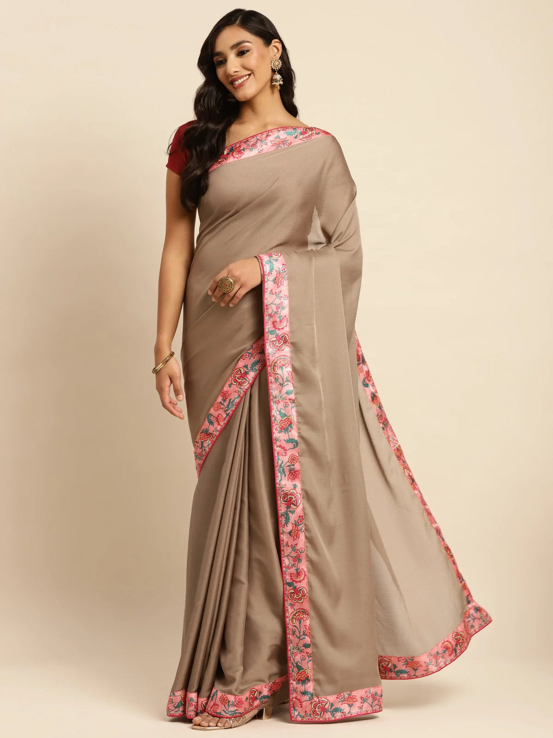 Buy Solid Moss Georgette Saree With Printed Border & Blouse Piece-Grey